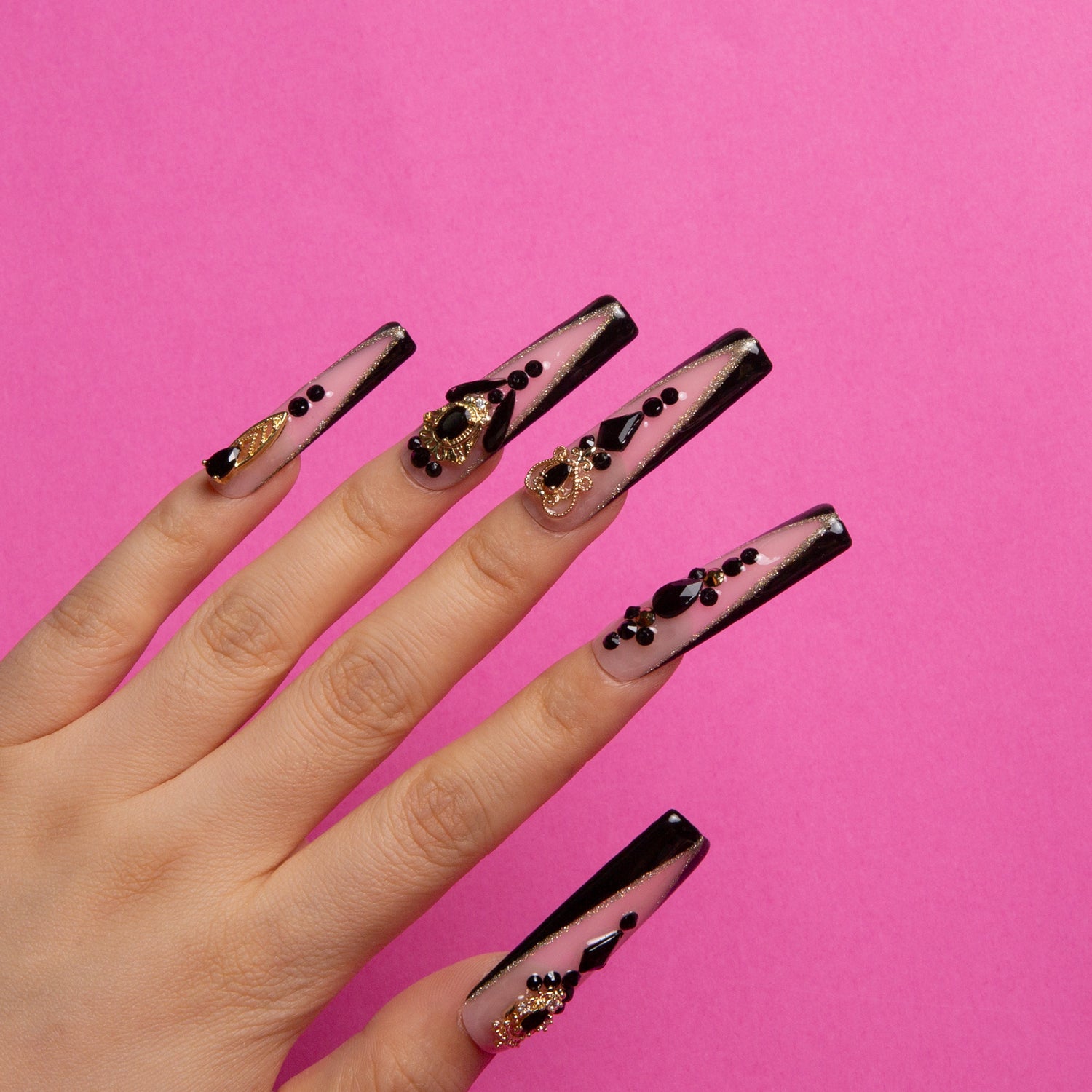 Obsidian Palace Black French Tip Handmade Square Nails H165 RTS