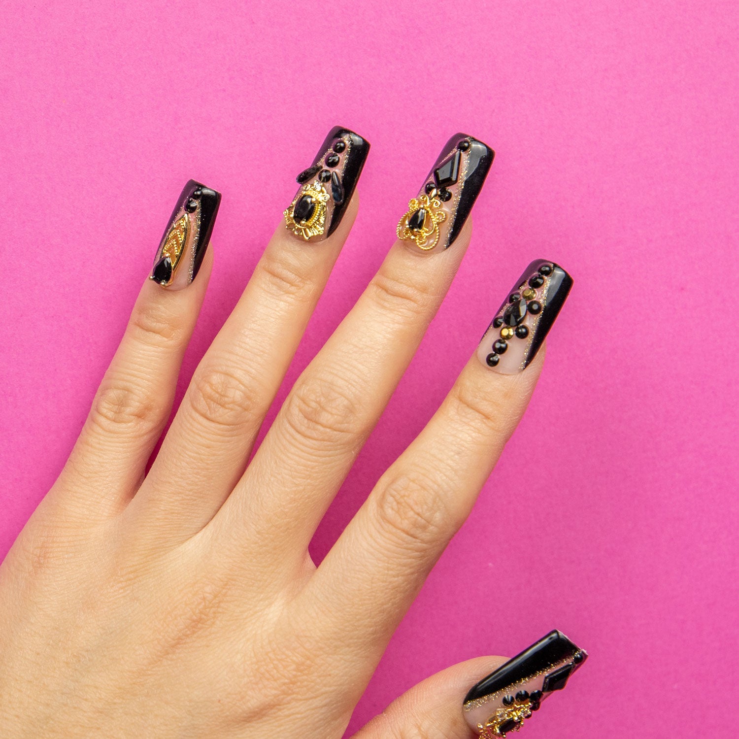 Obsidian Palace Black French Tip Handmade Square Nails H165