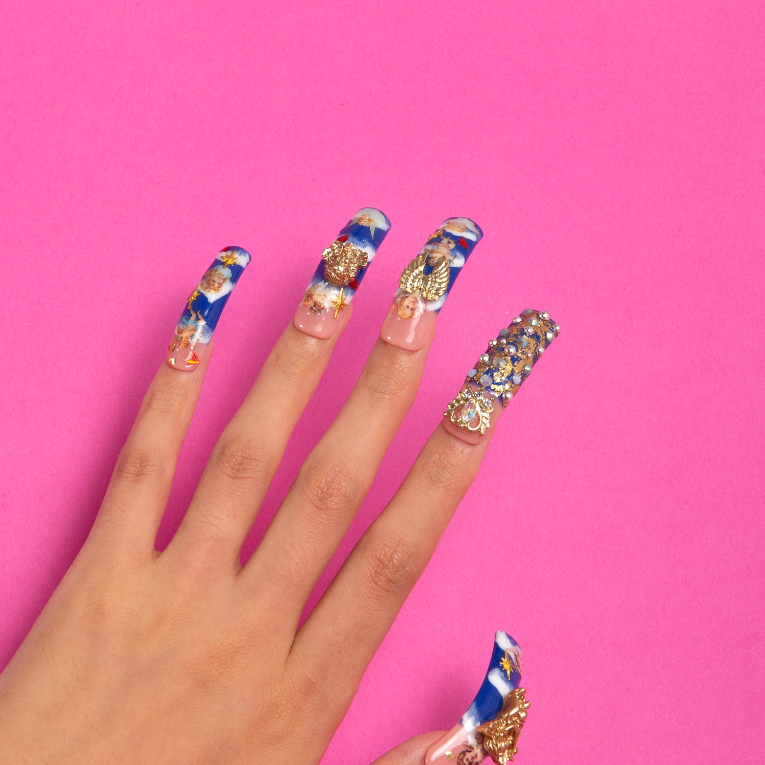 The Palace of Murals Blue French Tip Handmade Curve Nails H174