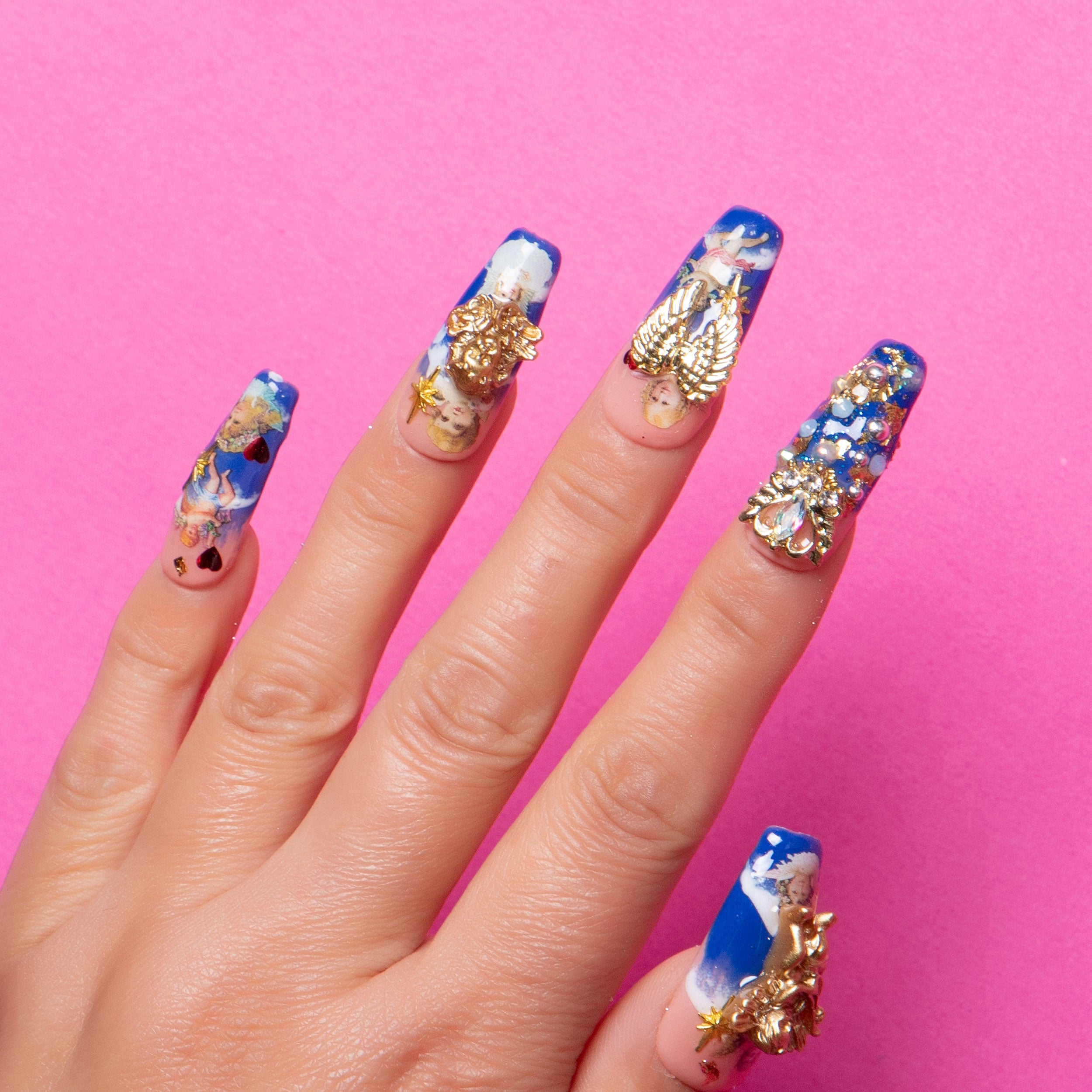 The Palace of Murals Blue French Tip Handmade Coffin Nails H174