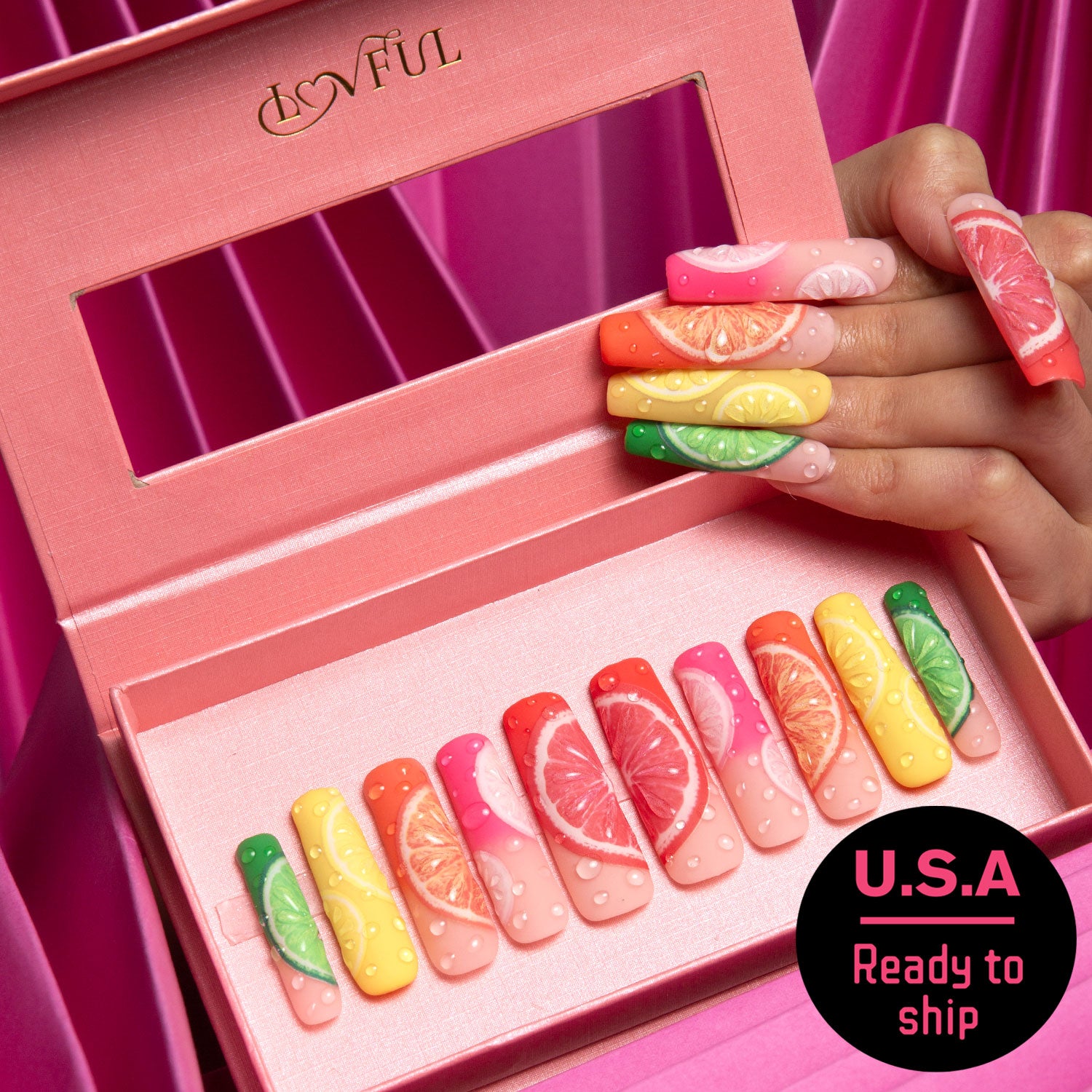 Lemonade press-on nails are perfect for summer. This set contains 10 nails, ready to ship from our US warehouse.