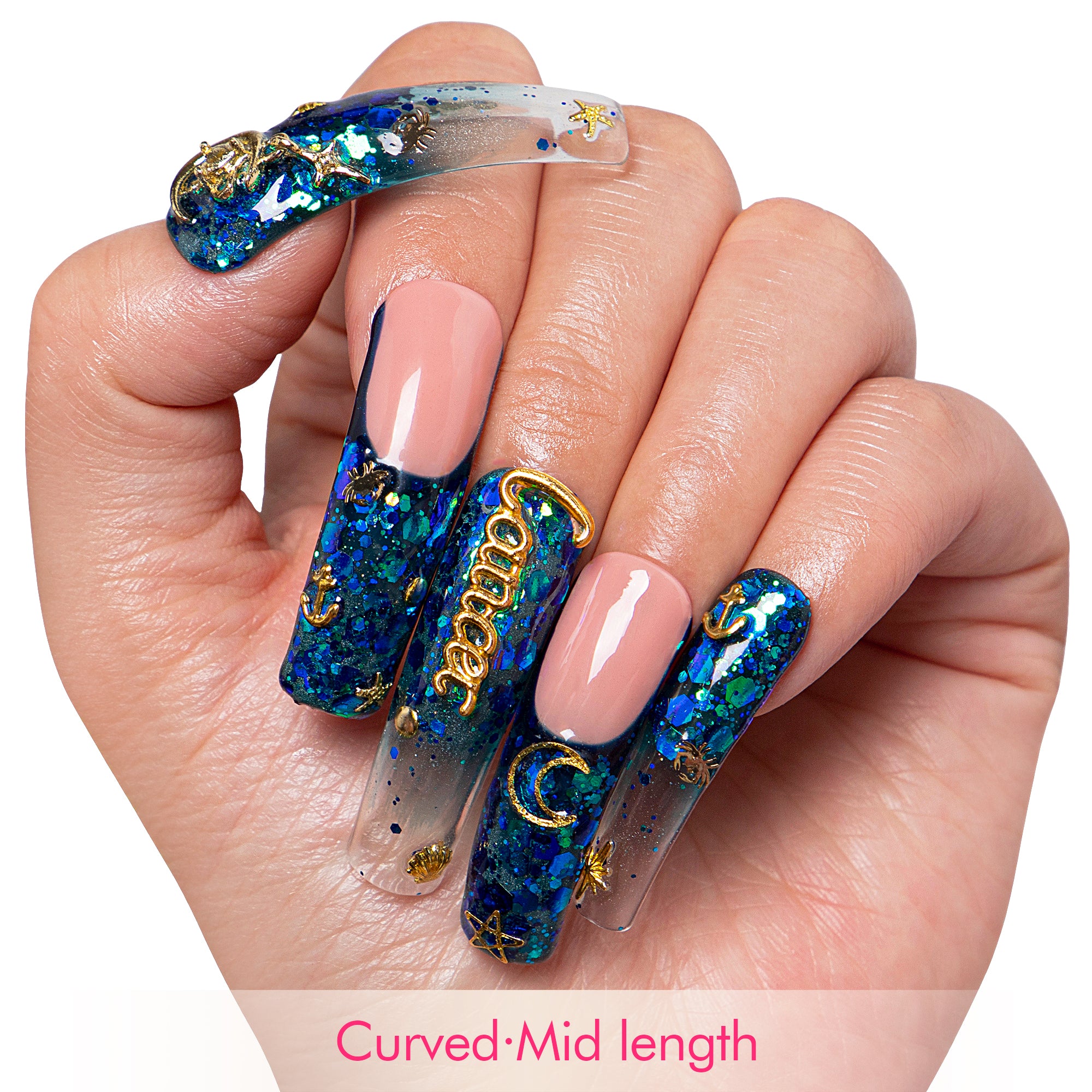Cancer Blue French Tip Handmade Nails H188