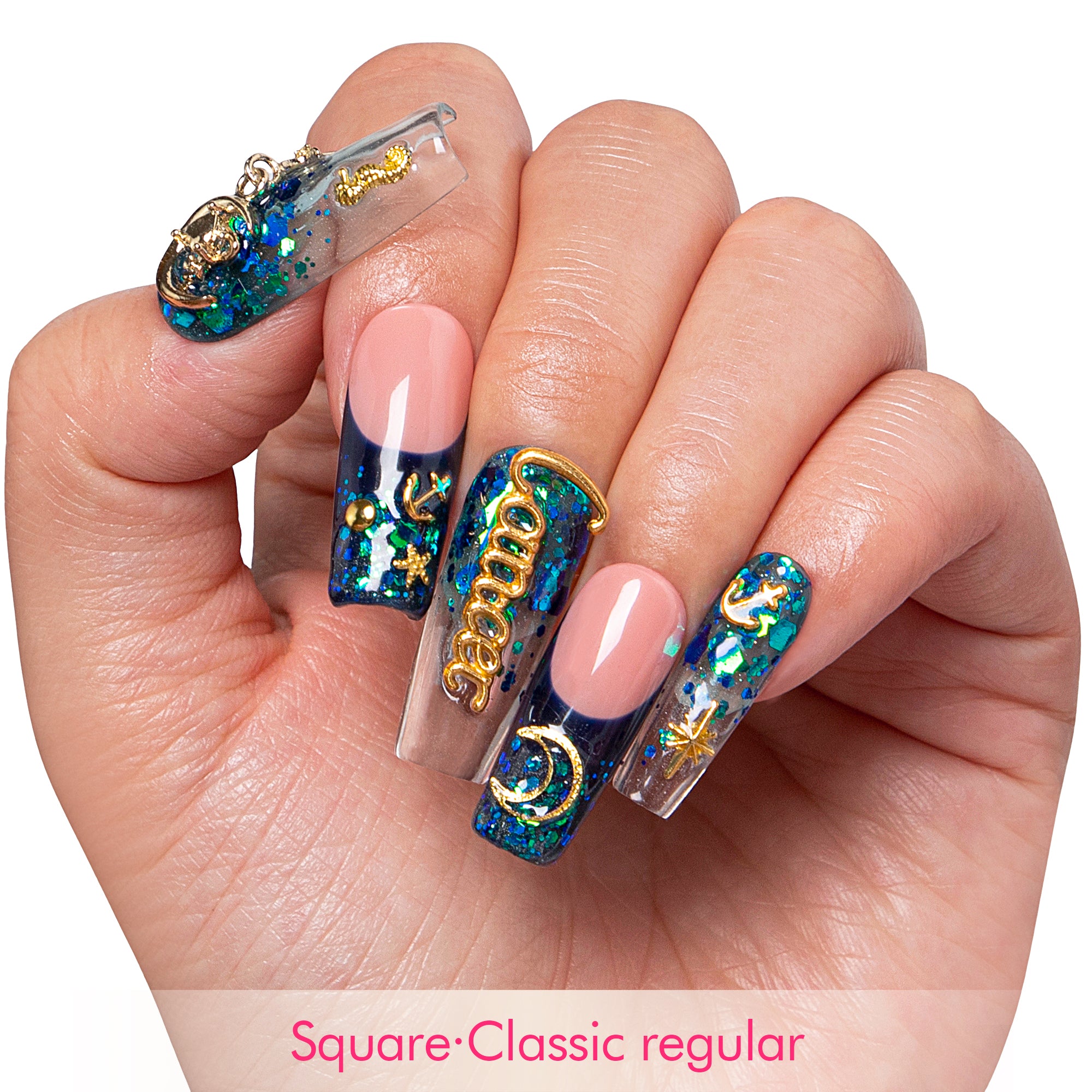 Cancer Blue French Tip Handmade Nails H188