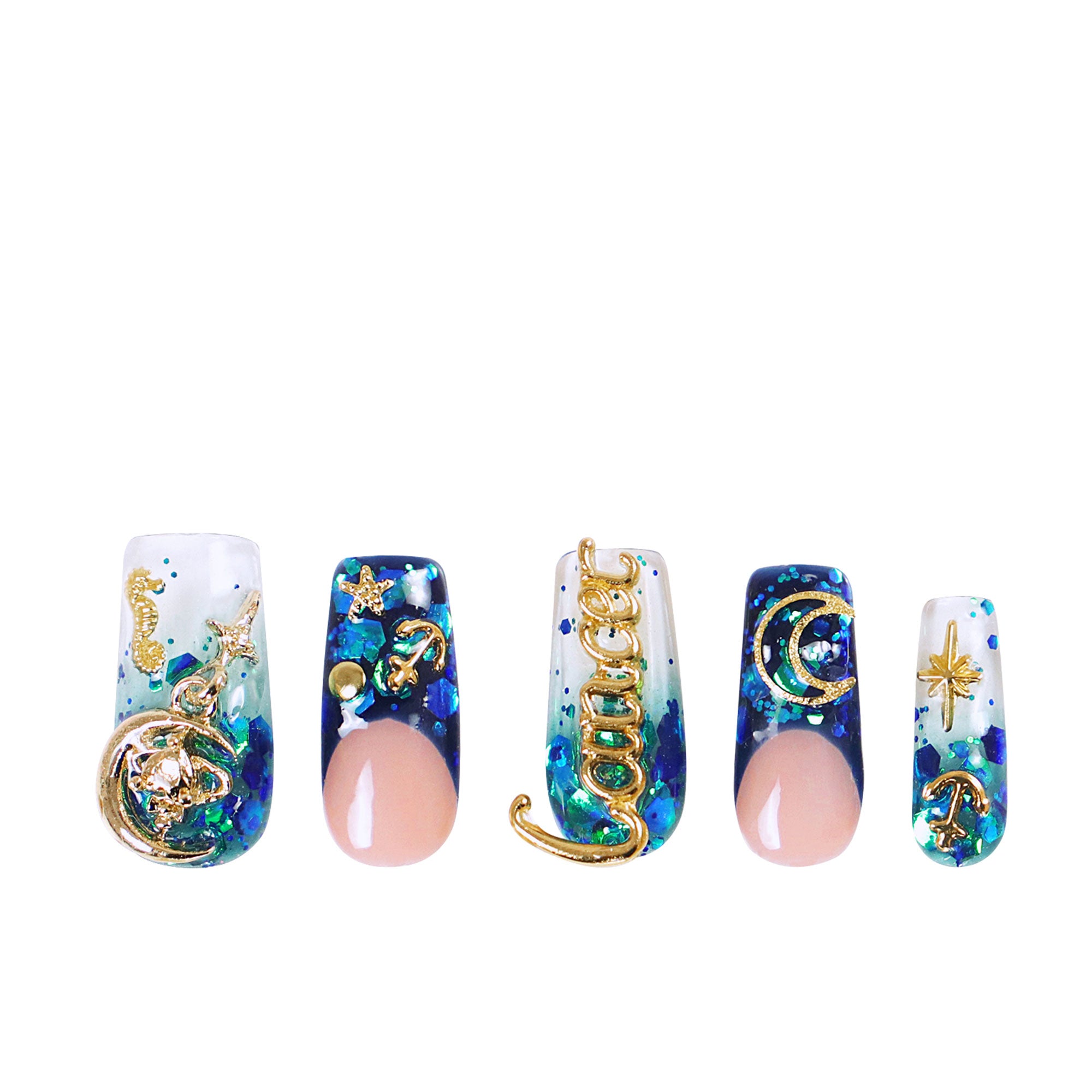 Cancer Blue French Tip Handmade Nails H188