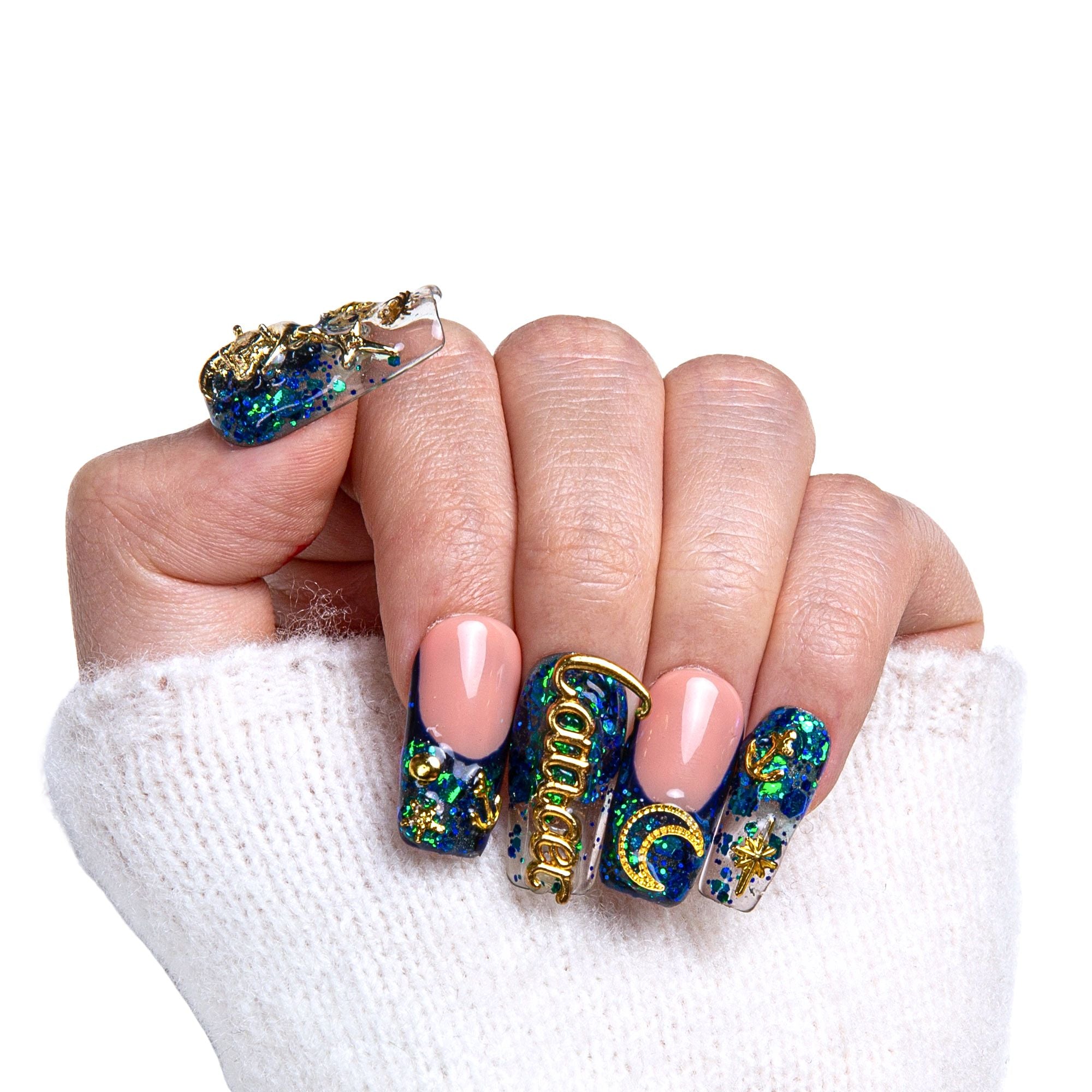 Cancer Blue French Tip Handmade Nails H188