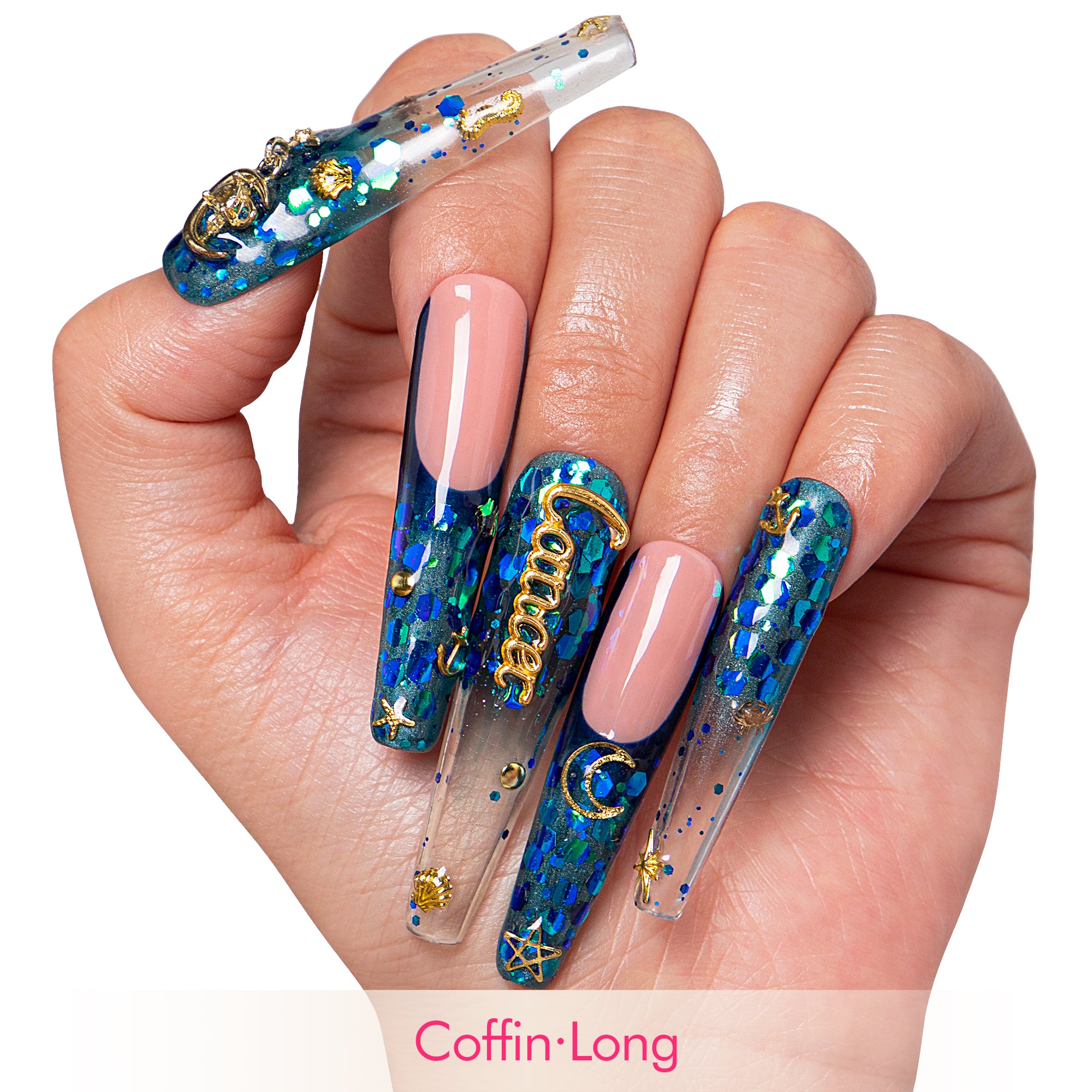 Cancer Blue French Tip Handmade Nails H188