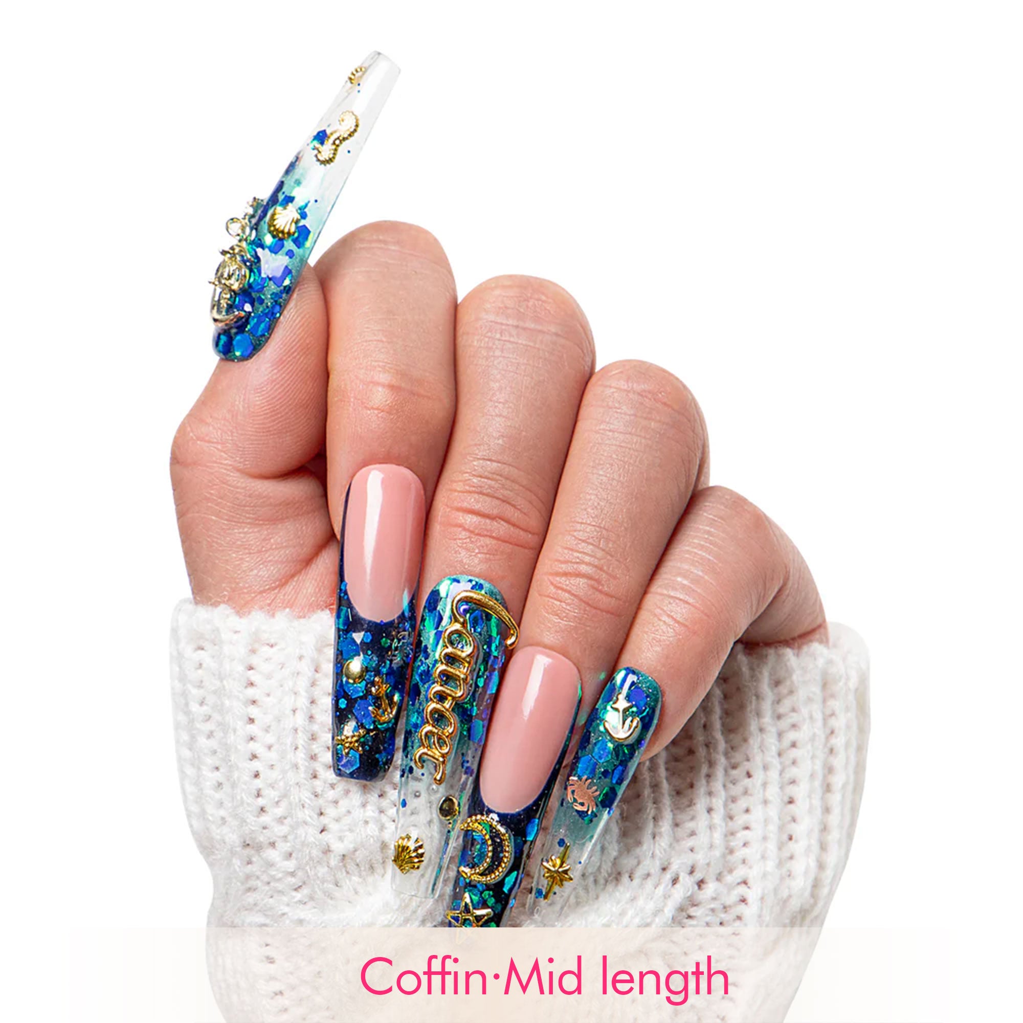 Cancer Blue French Tip Handmade Nails H188