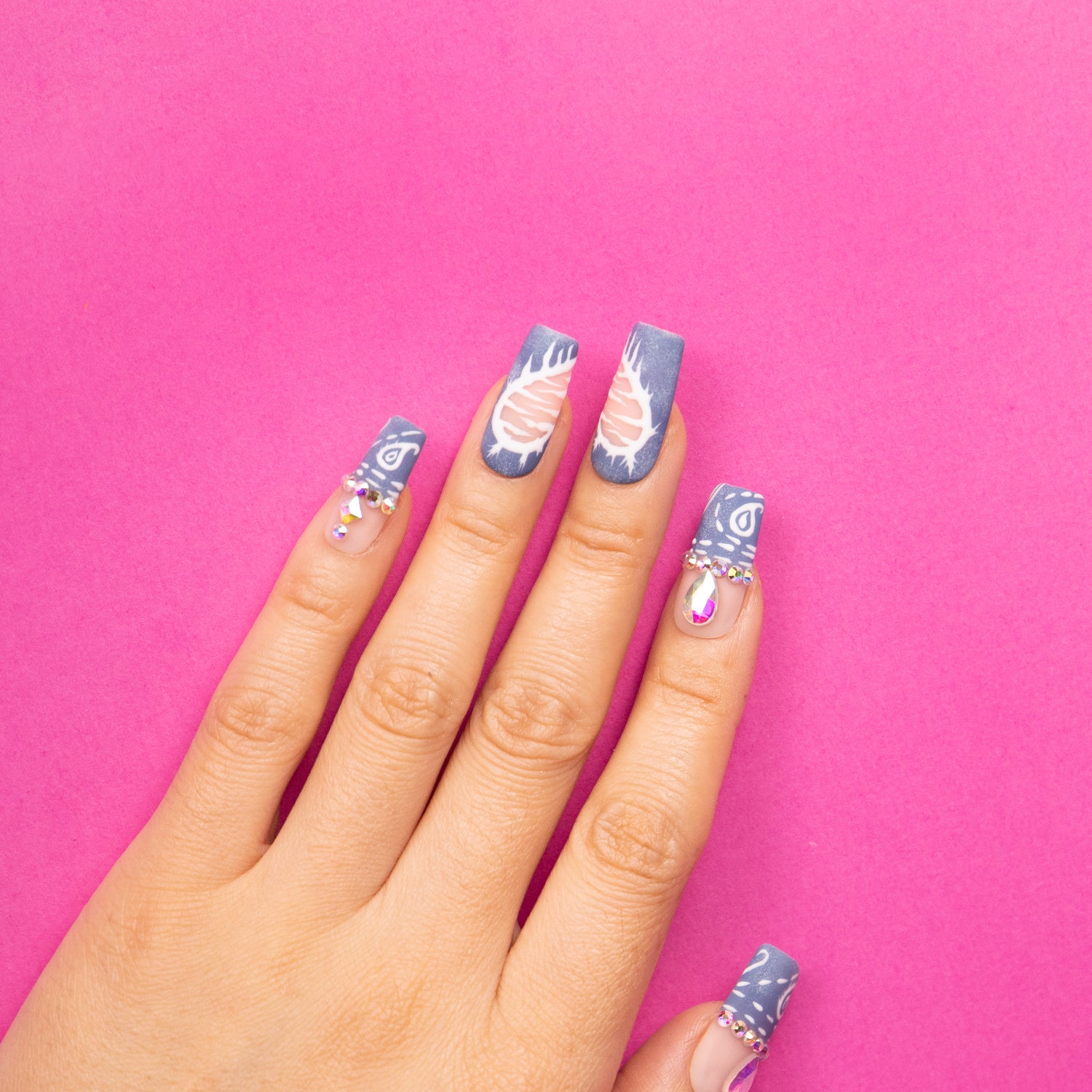 Denim Seraph Blue French Tip Handmade Square Nails H194