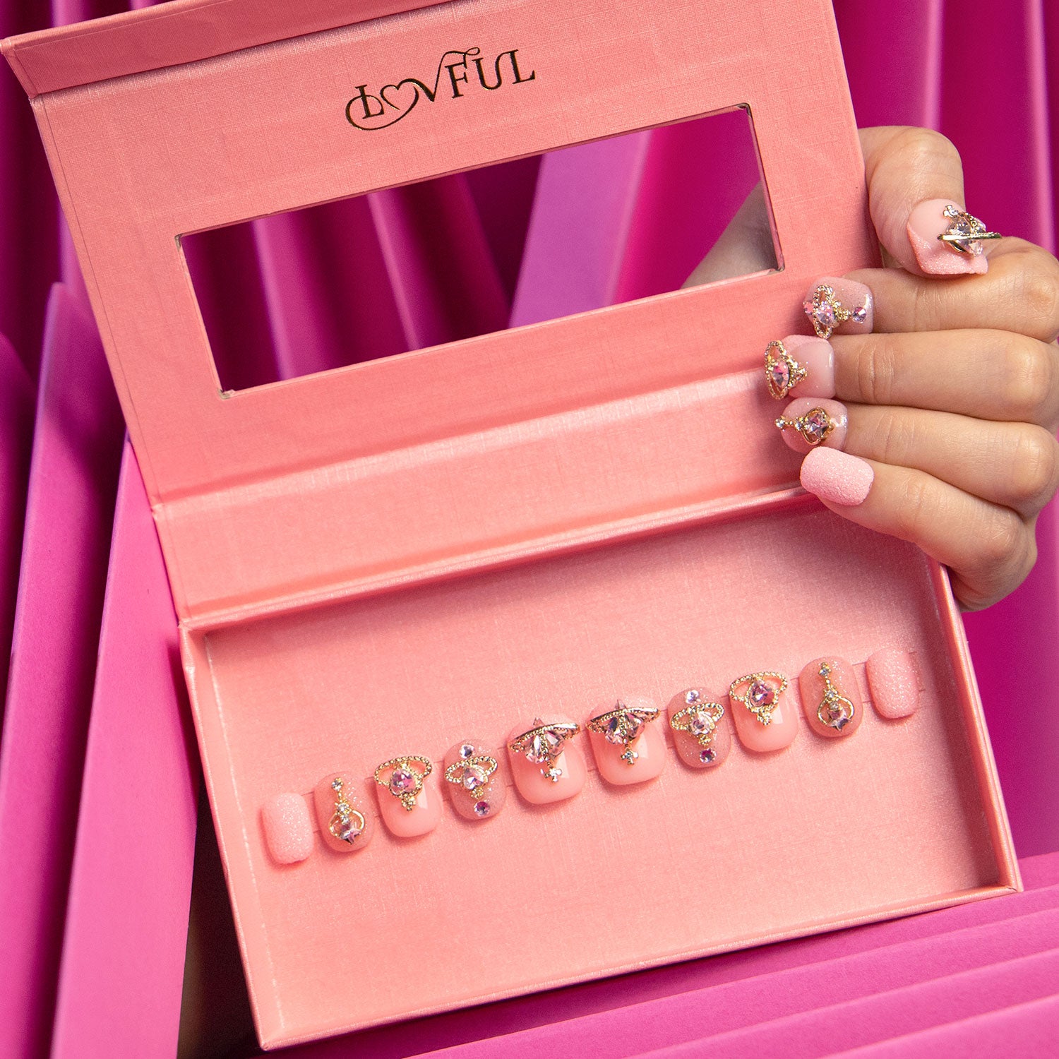 Dreamland Escape Pink Handmade Square Nails H229