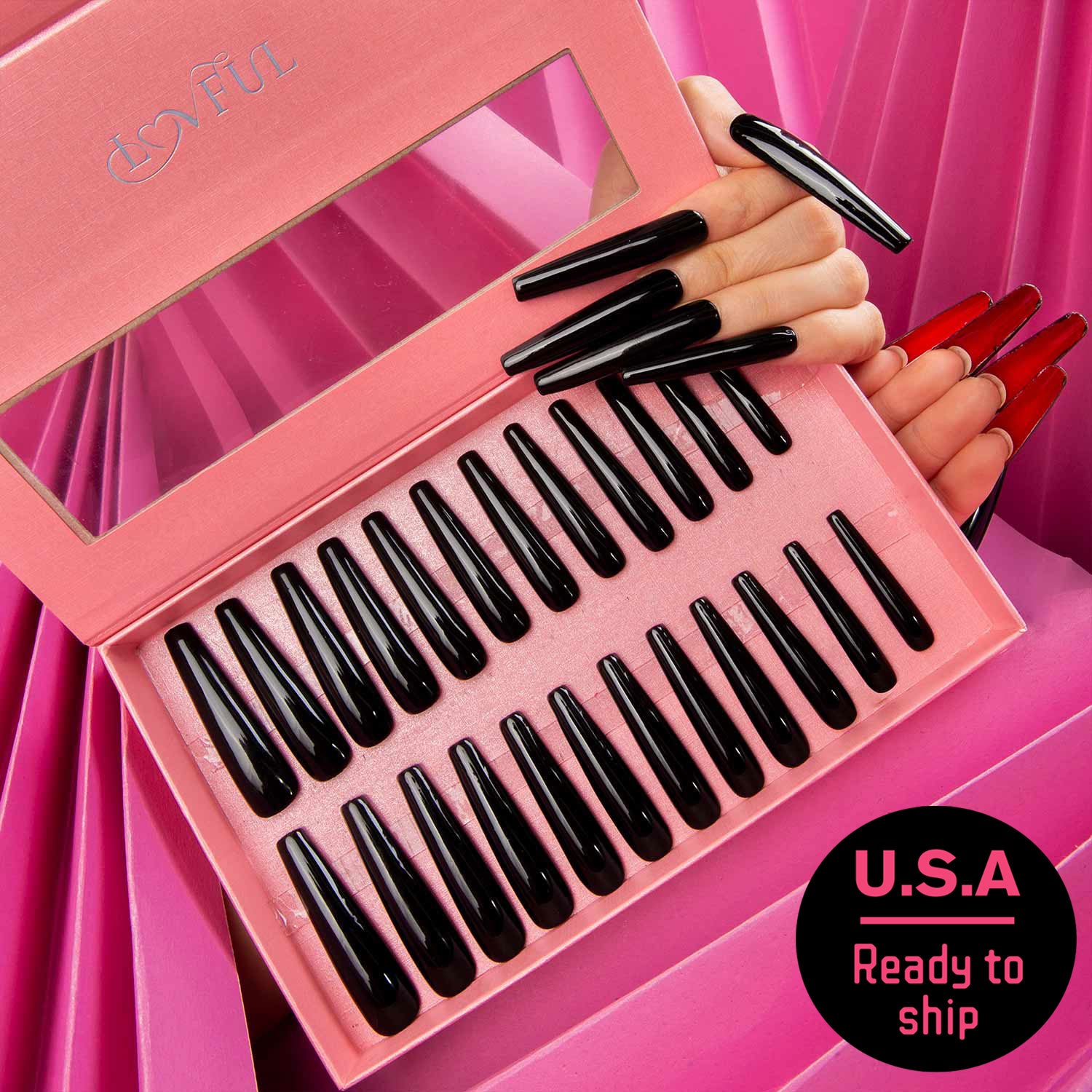 24 black and red two-tone press-on nails on display in a pink box by Lovful. The hand model shows the nails, with text 'U.S.A Ready to ship,' indicating the product is readily available for shipment.