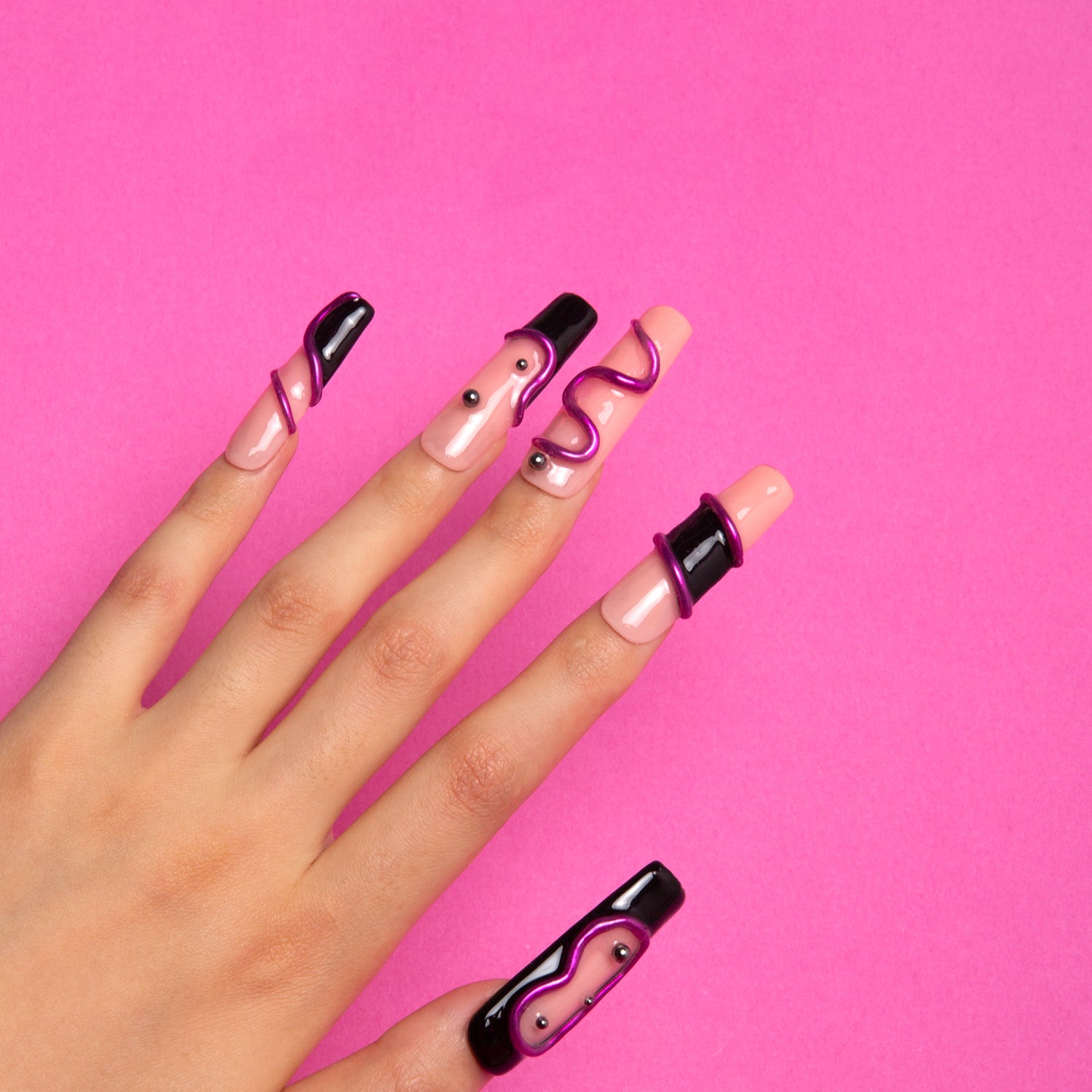 Black Pink Handmade Nails 24pcs H236