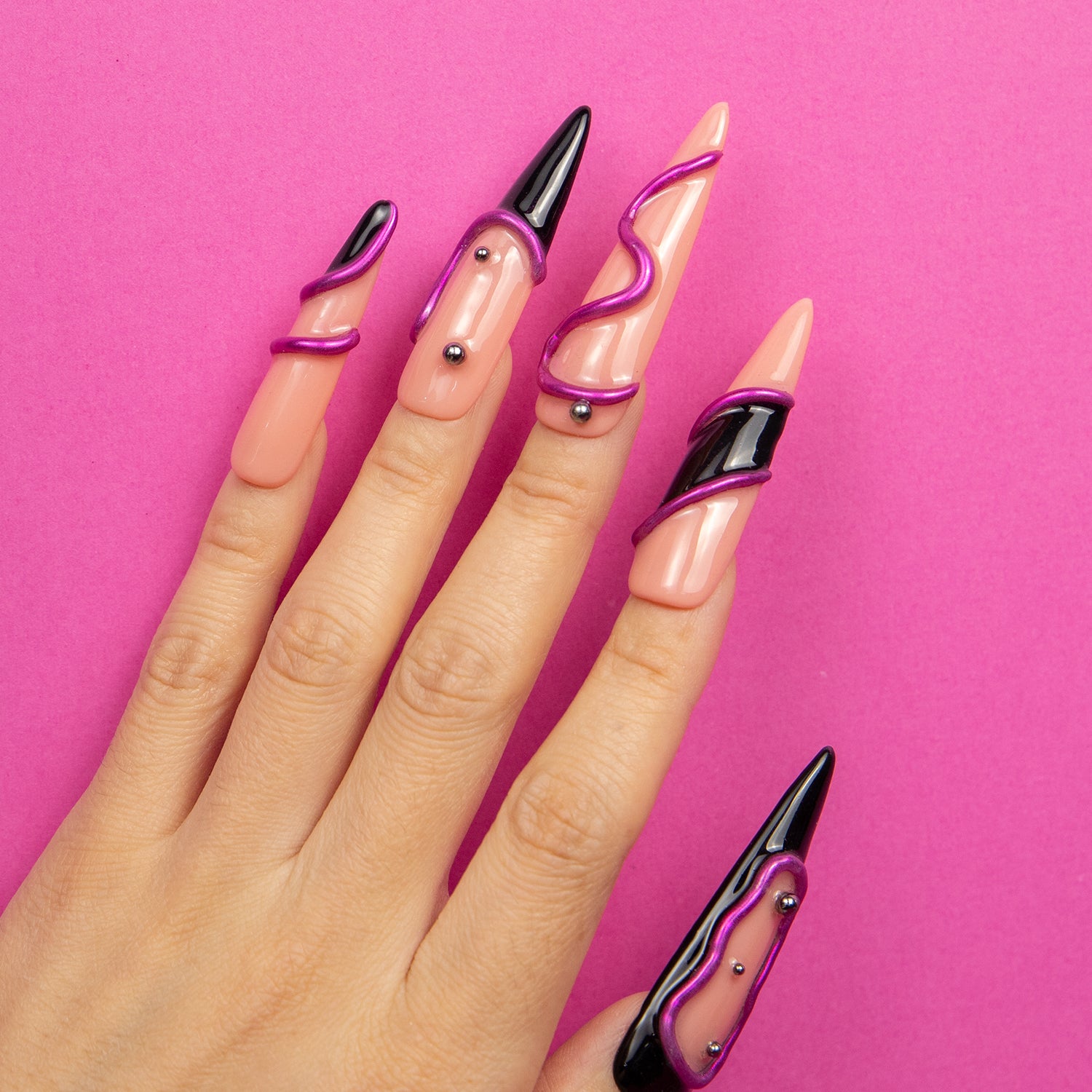 Black Pink Handmade Stiletto Nails H236