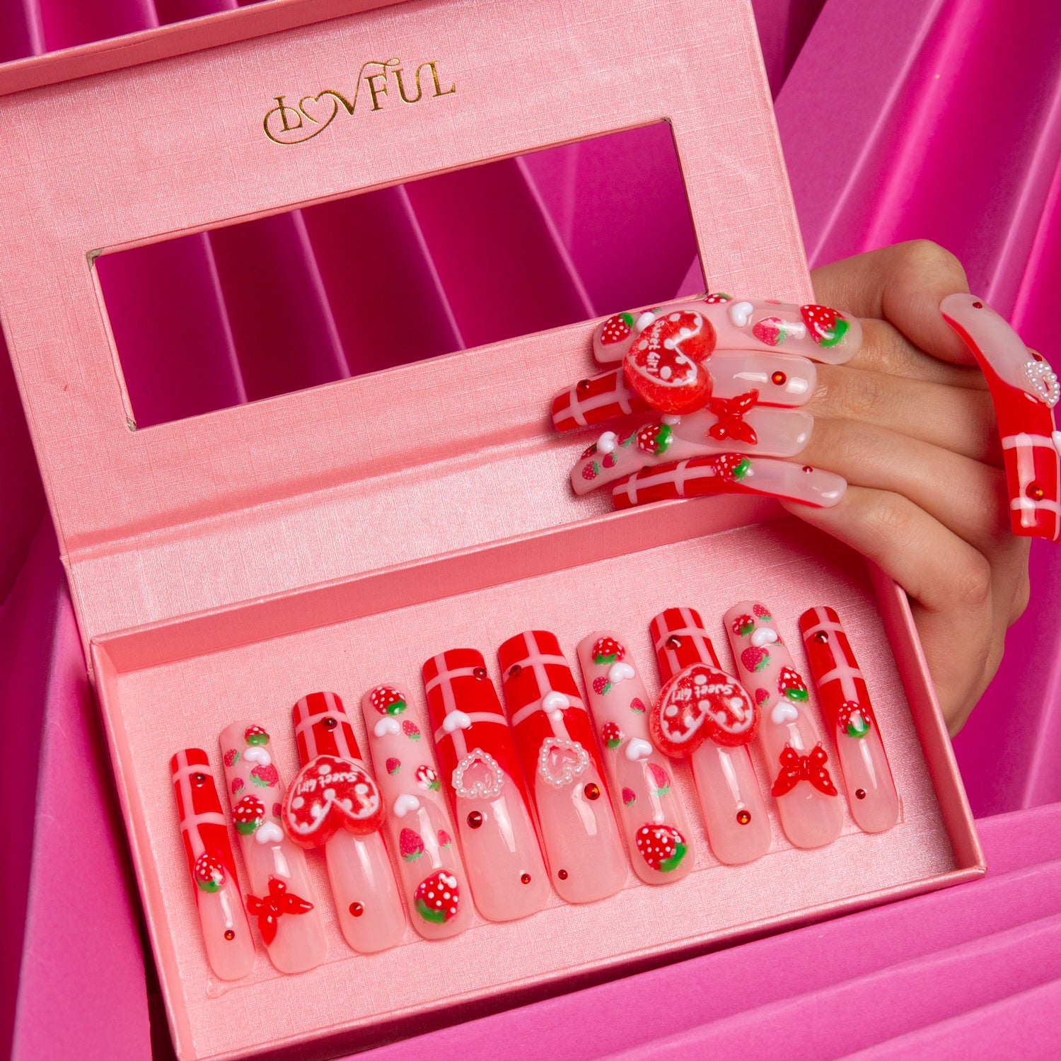 Dreamy Strawberry Garden Handmade Curve Nails H256