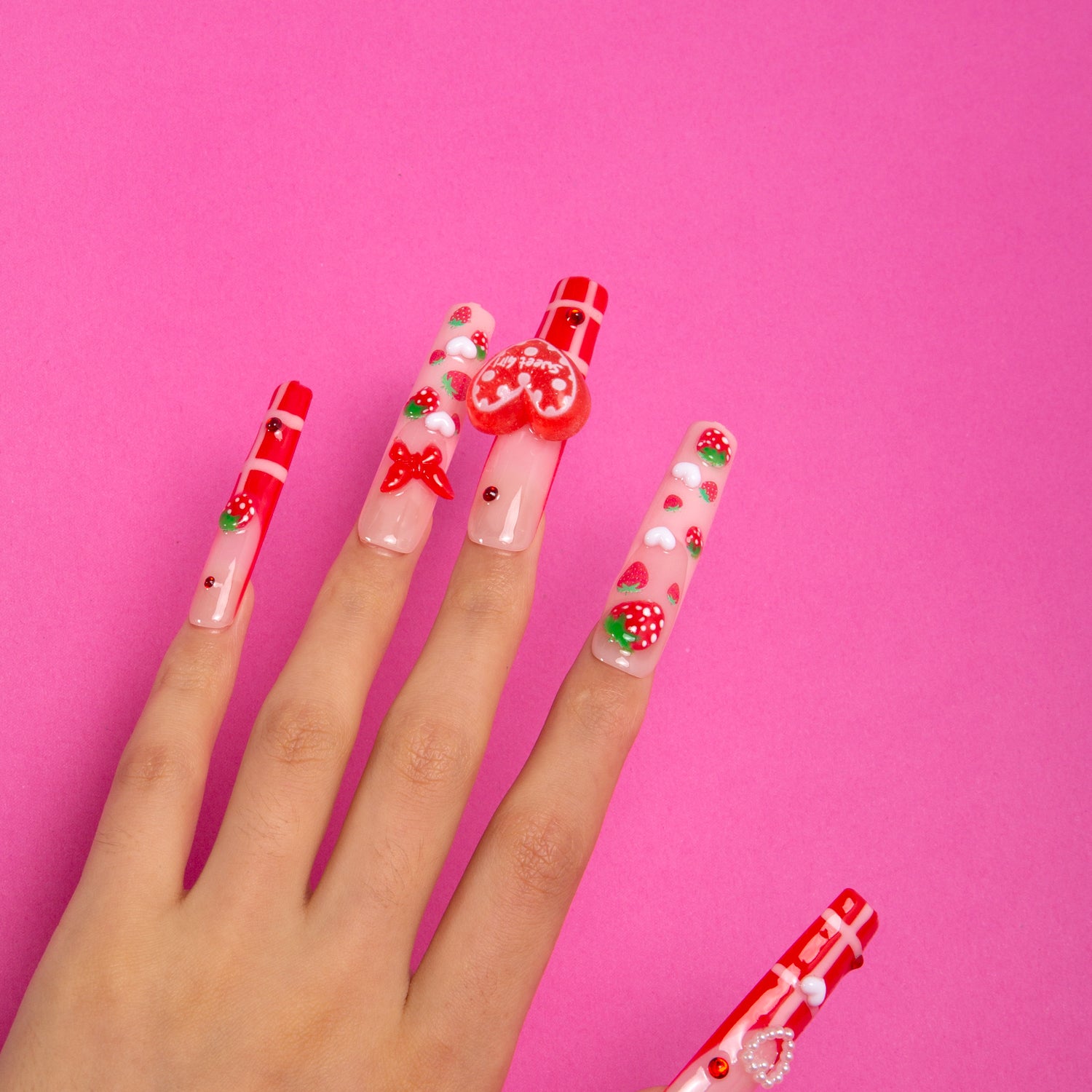 Dreamy Strawberry Garden Handmade Square Nails H256