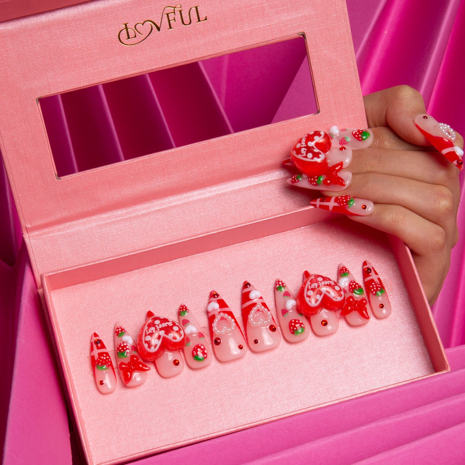 Dreamy Strawberry Garden Handmade Stiletto Nails H256