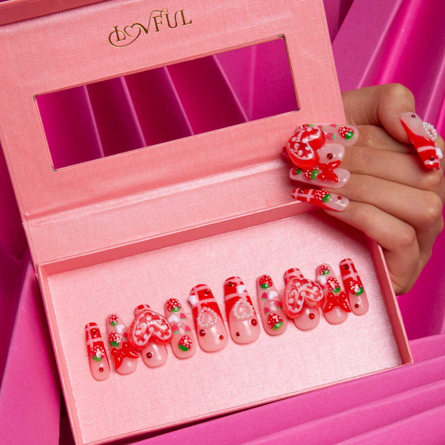 Dreamy Strawberry Garden Handmade Coffin Nails H256