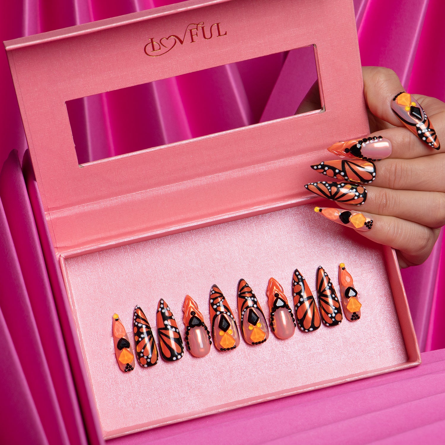 Orange Melody Handmade Stiletto Nails H263