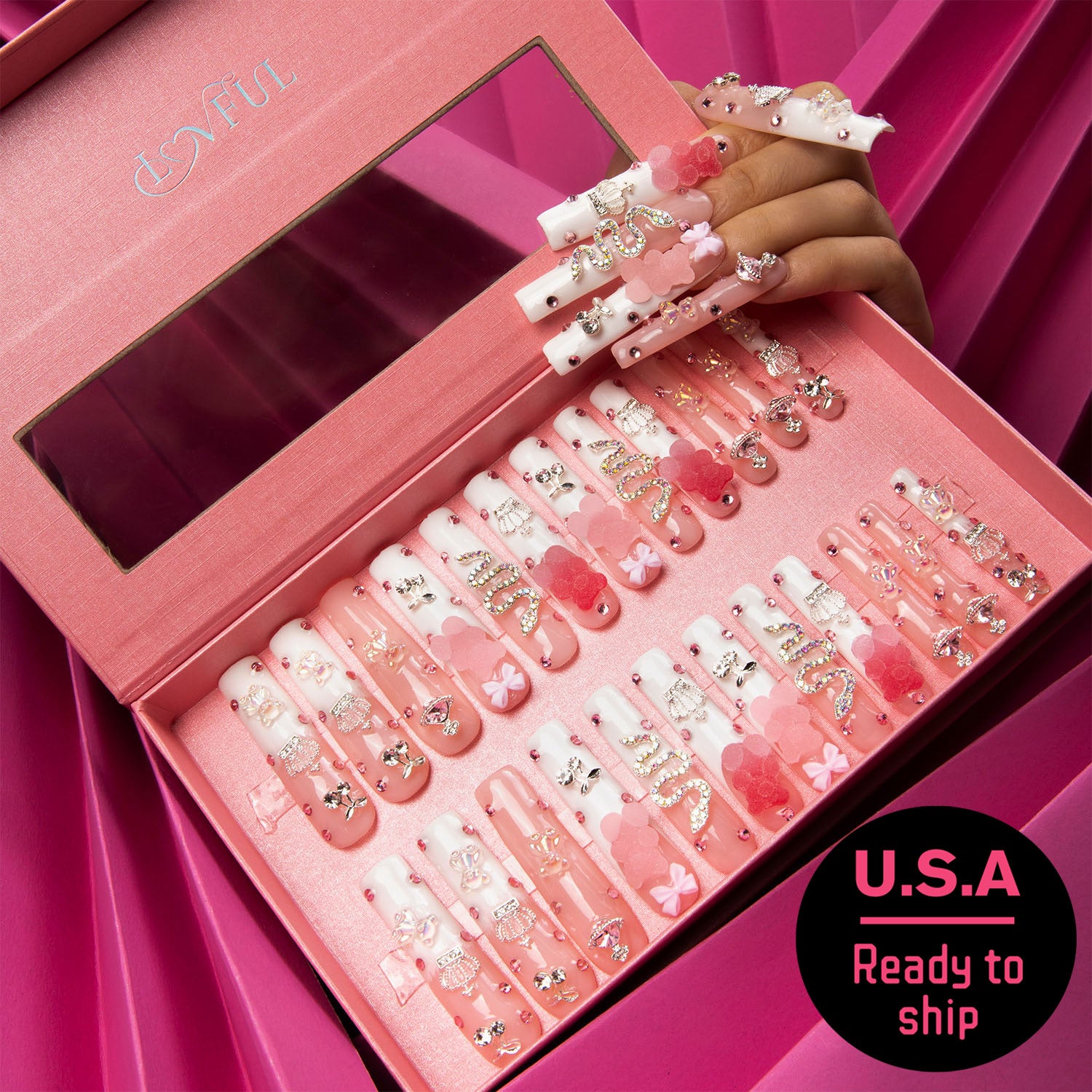 Box of 24 press-on nails from Lovful's Gummy Bear Glam collection featuring cute gummy bears and decorations in pink tones with 'U.S.A Ready to ship' text.