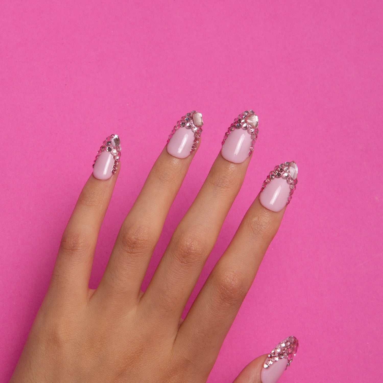 Pink French Tip Rhinestone Handmade Almond Nails H27