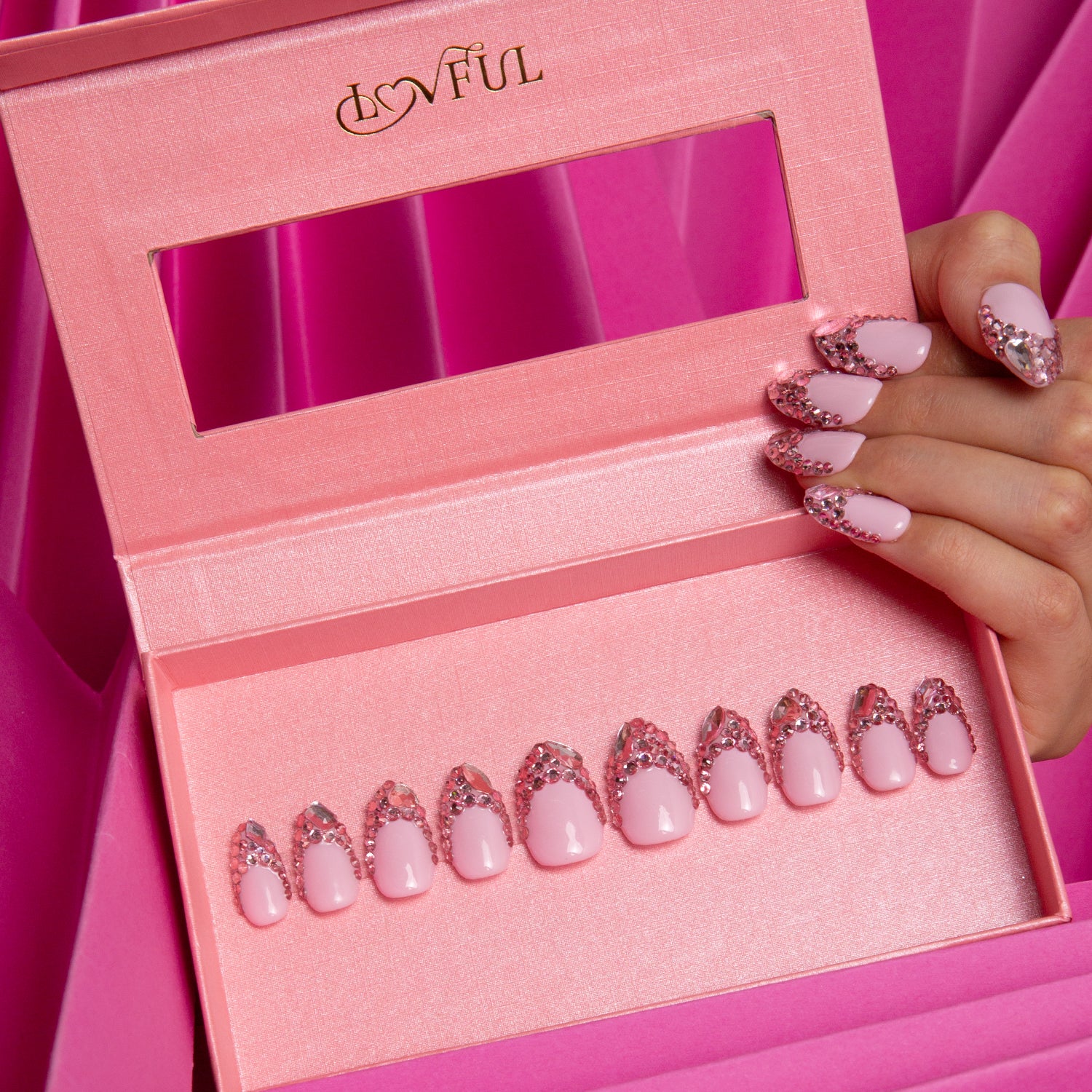 Pink French Tip Rhinestone Handmade Almond Nails H27