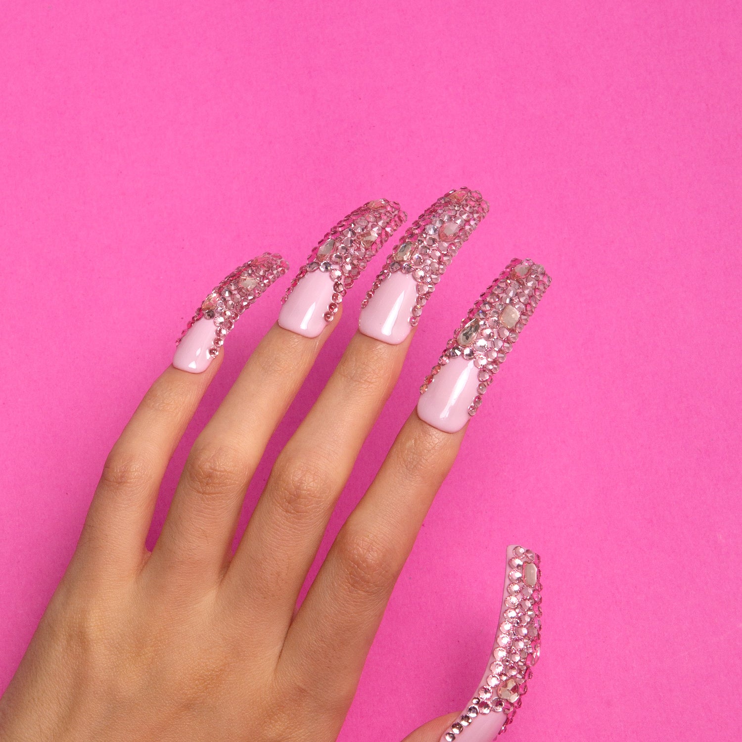 Pink French Tip Rhinestone Handmade Curve Nails H27