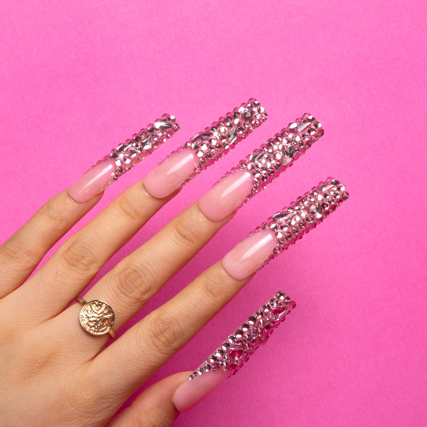 Pink French Tip Rhinestone Handmade Nails 24pcs H27