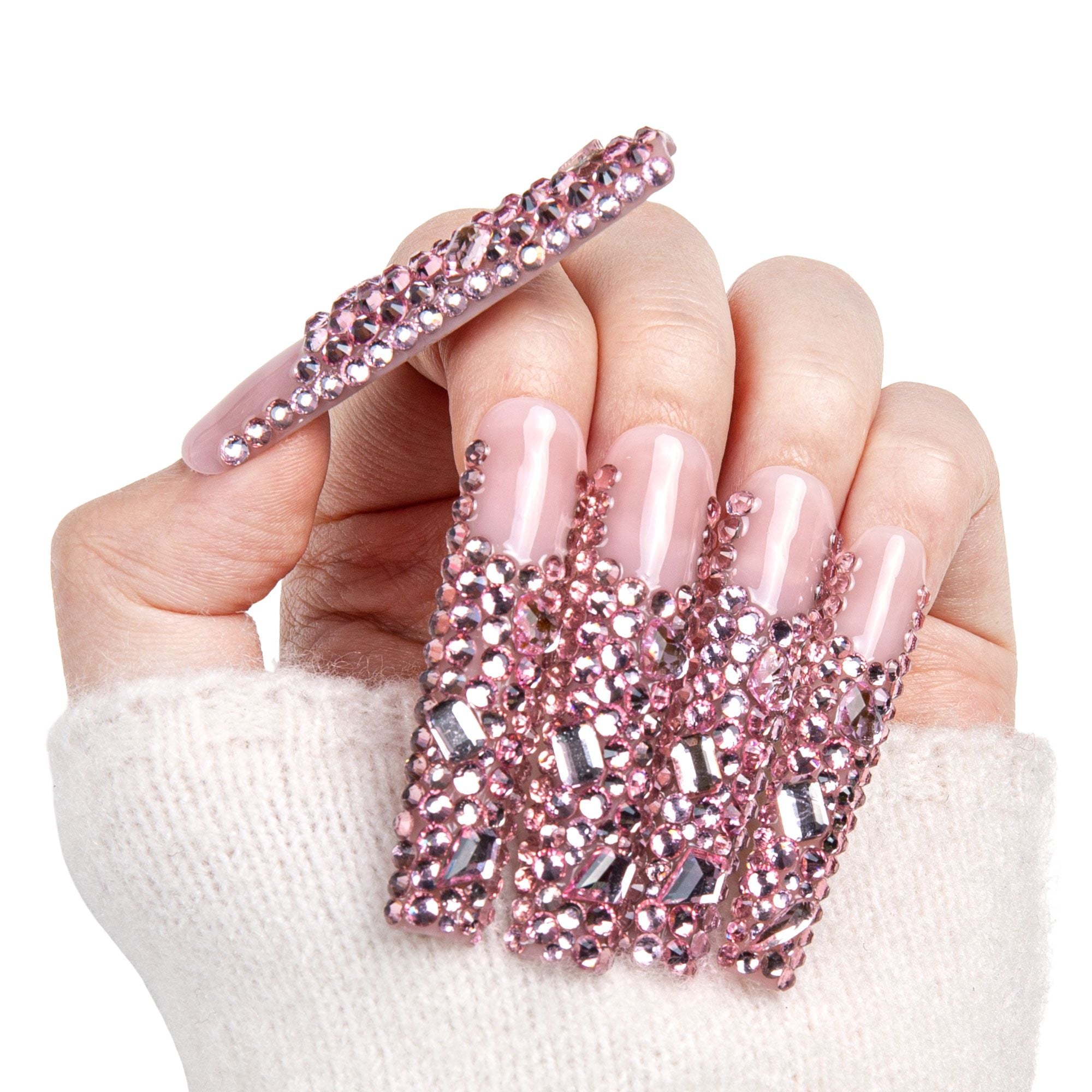 Pink French Tip Rhinestone Handmade Nails H27