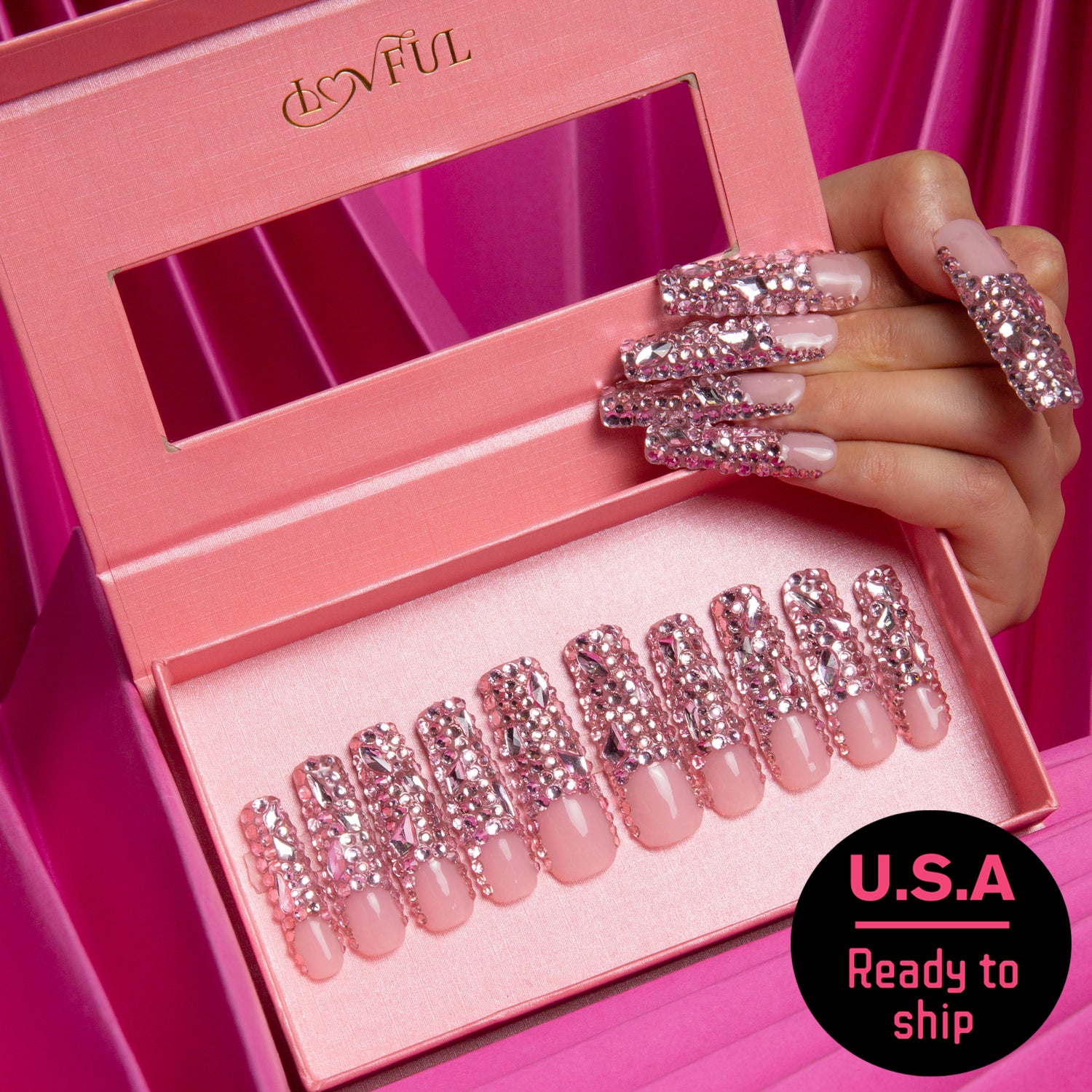 Pink French Tip Rhinestone Handmade Square Nails H27 RTS