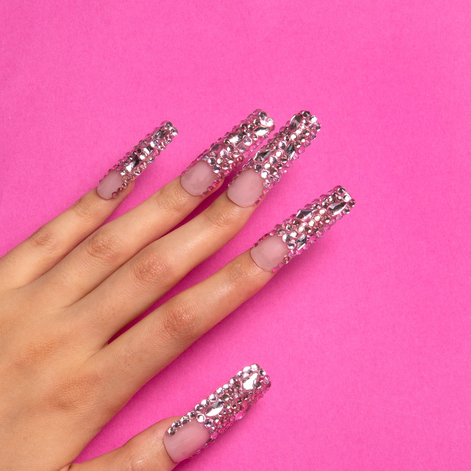 Pink French Tip Rhinestone Handmade Square Nails H27 RTS