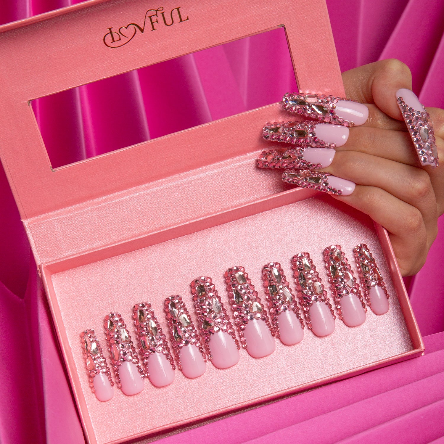 Pink French Tip Rhinestone Handmade Coffin Nails H27