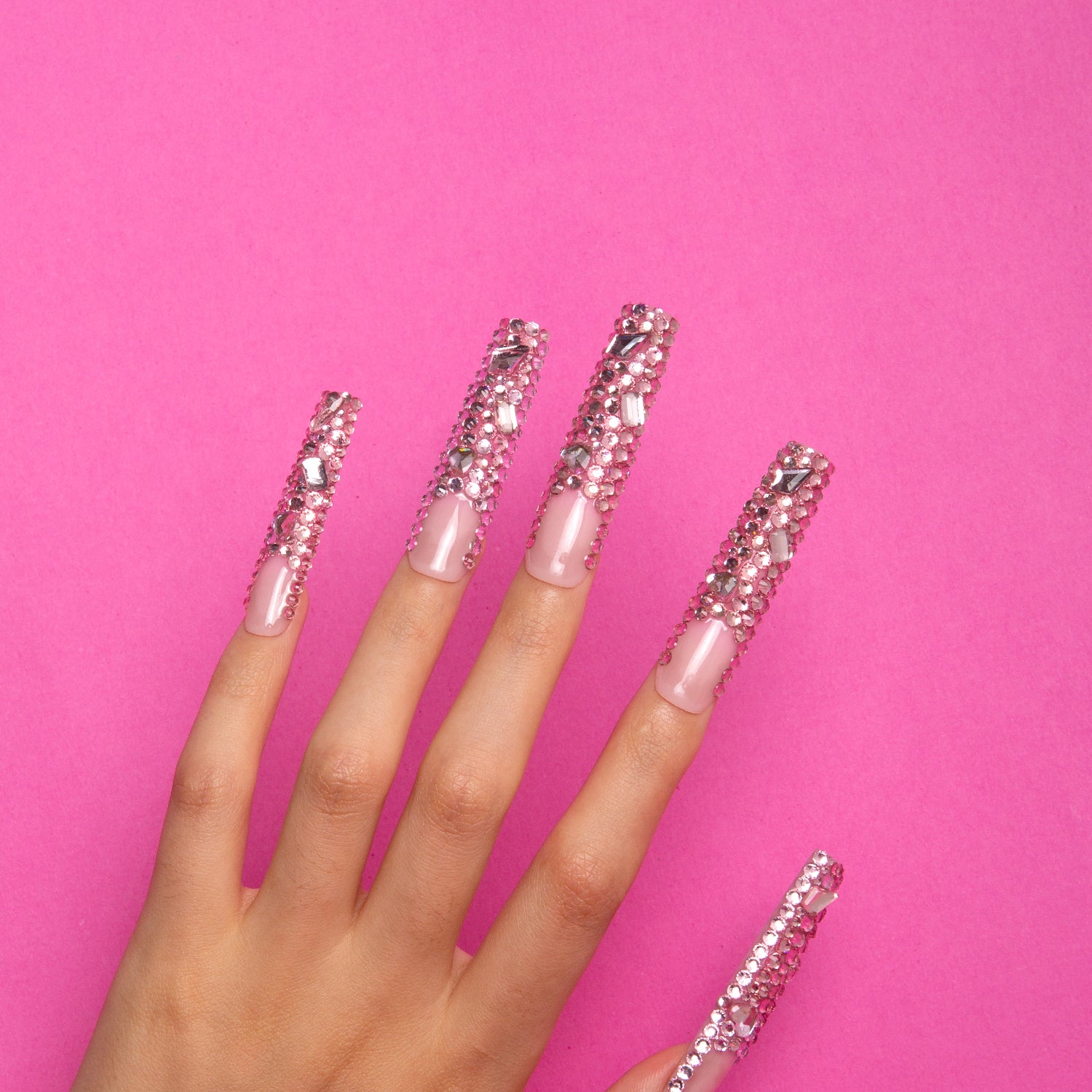 Pink French Tip Rhinestone Handmade Square Nails H27