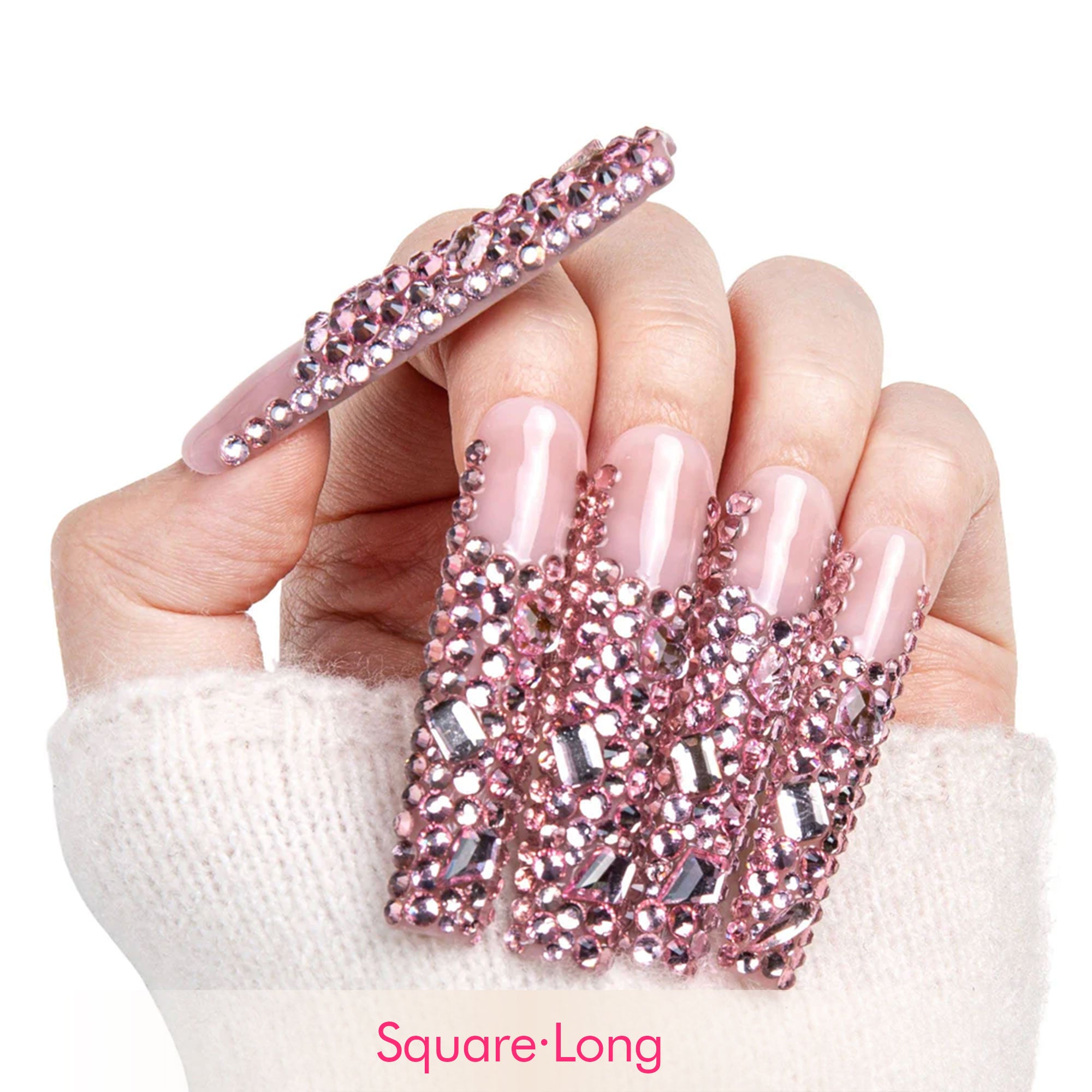 Pink French Tip Rhinestone Handmade Nails H27