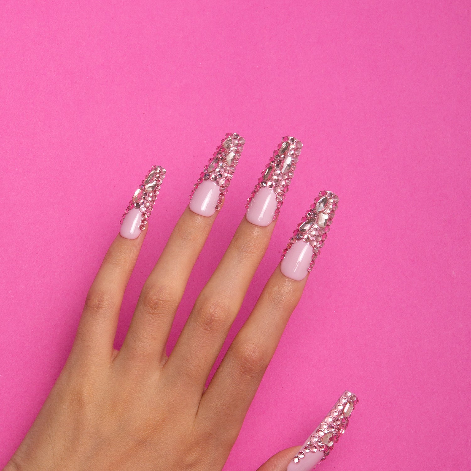 Pink French Tip Rhinestone Handmade Coffin Nails H27