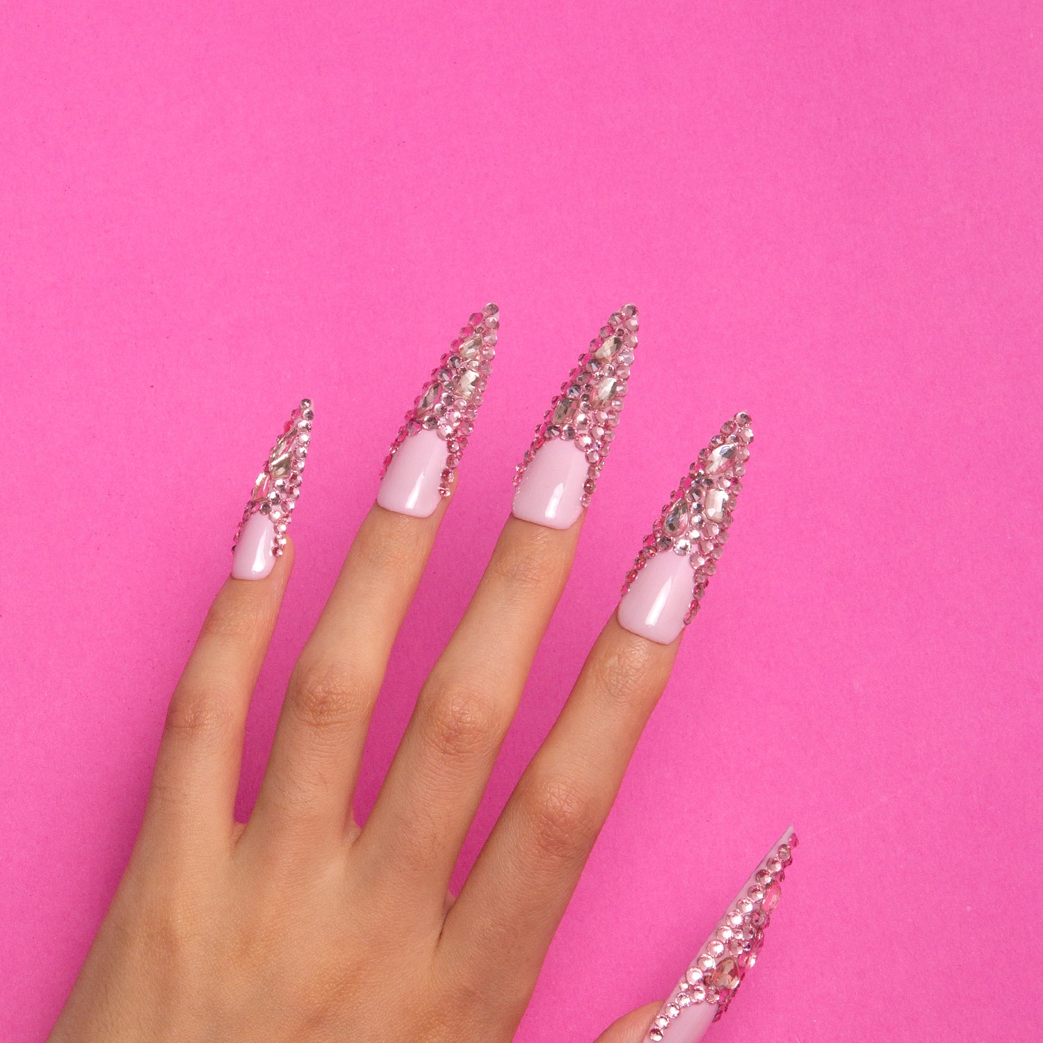 Pink French Tip Rhinestone Handmade Stiletto Nails H27