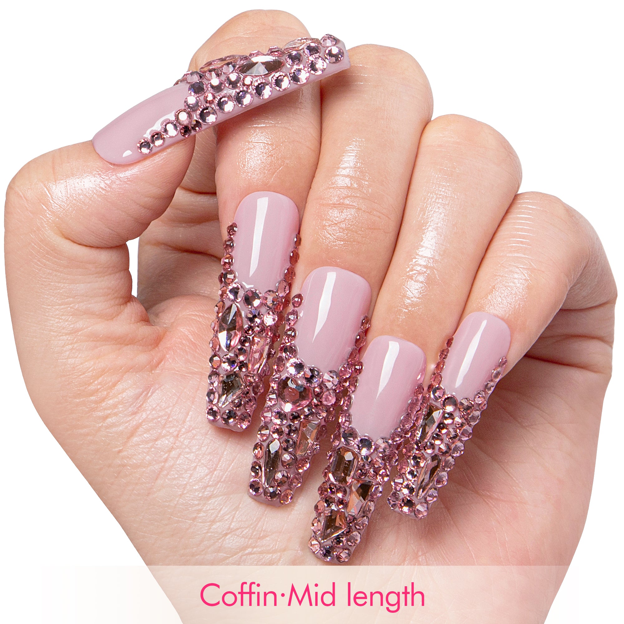 Pink French Tip Rhinestone Handmade Nails H27