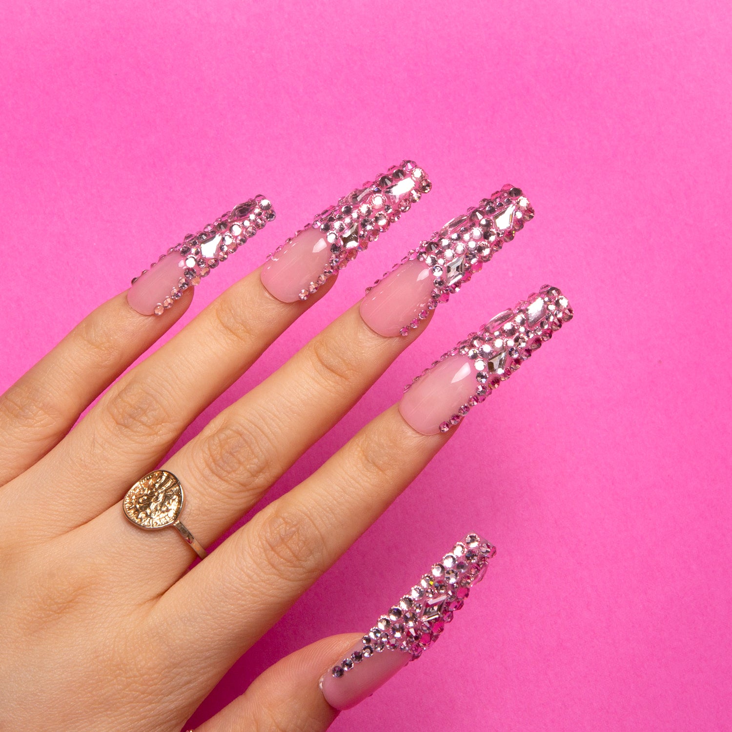 Pink French Tip Rhinestone Handmade Nails 24pcs H27