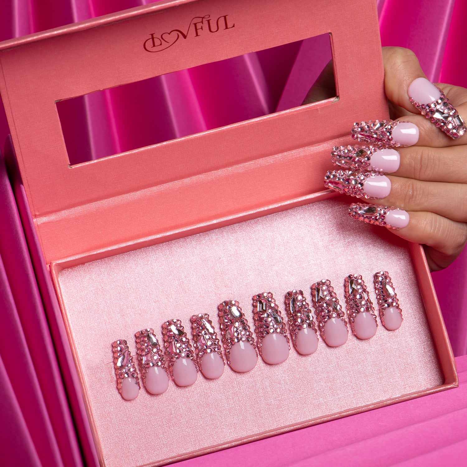 Pink French Tip Rhinestone Handmade Coffin Nails H27