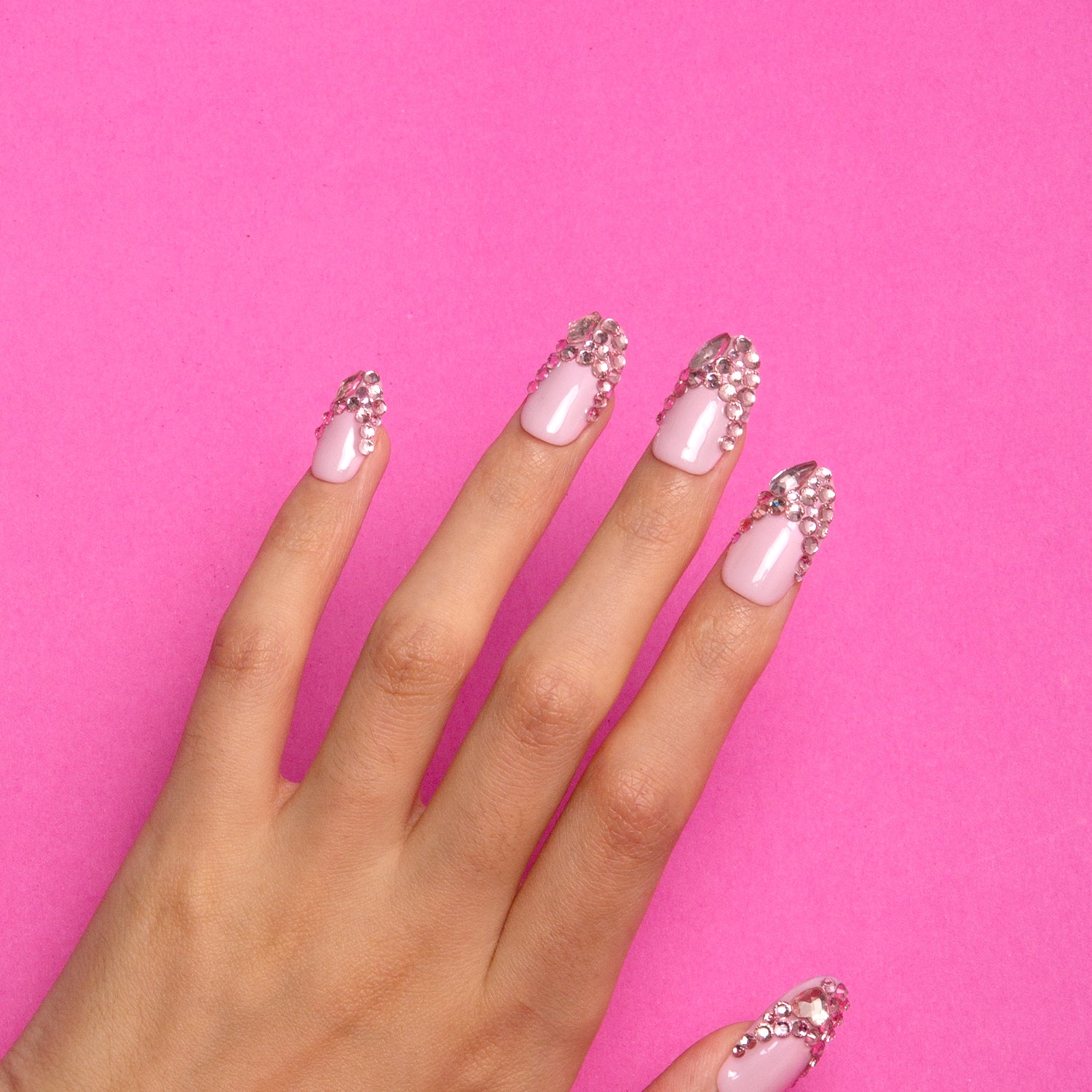 Pink French Tip Rhinestone Handmade Round Nails H27