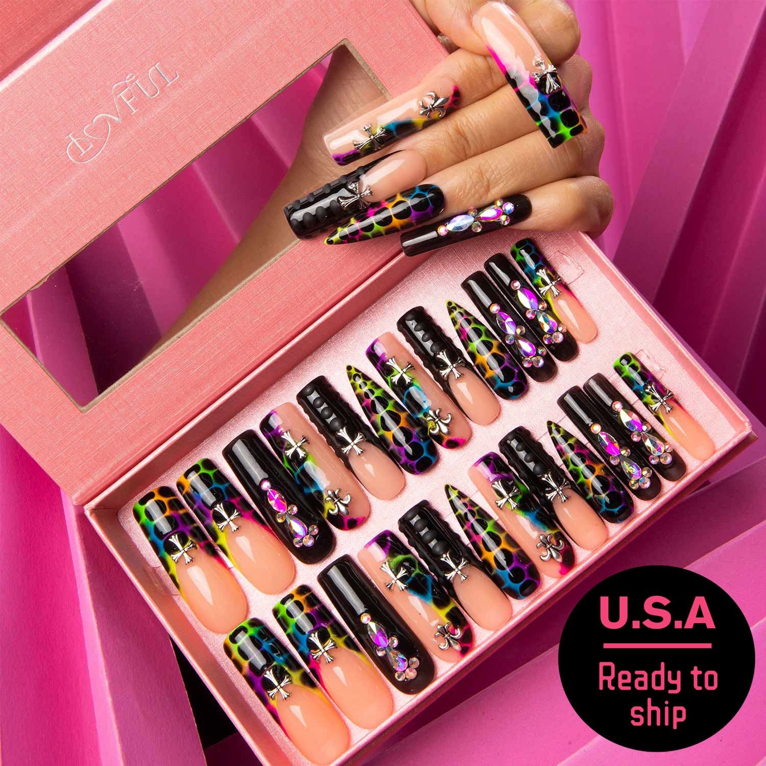 24 pieces animal print and black French tip press-on nails from Lovful, ready to ship in the U.S.A.