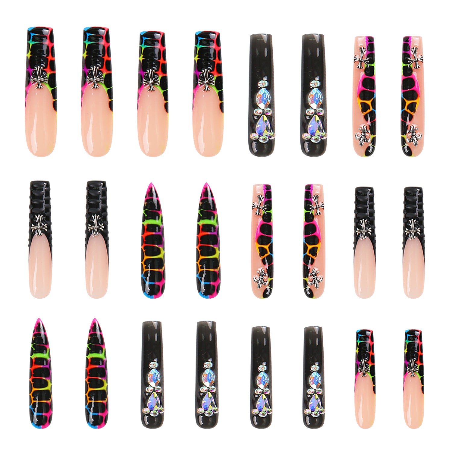 24 press-on nails set from Lovful.com's 'Young Forever' collection. The nails have black French tips with colorful animal prints and rhinestone embellishments, combining a chic and playful design.