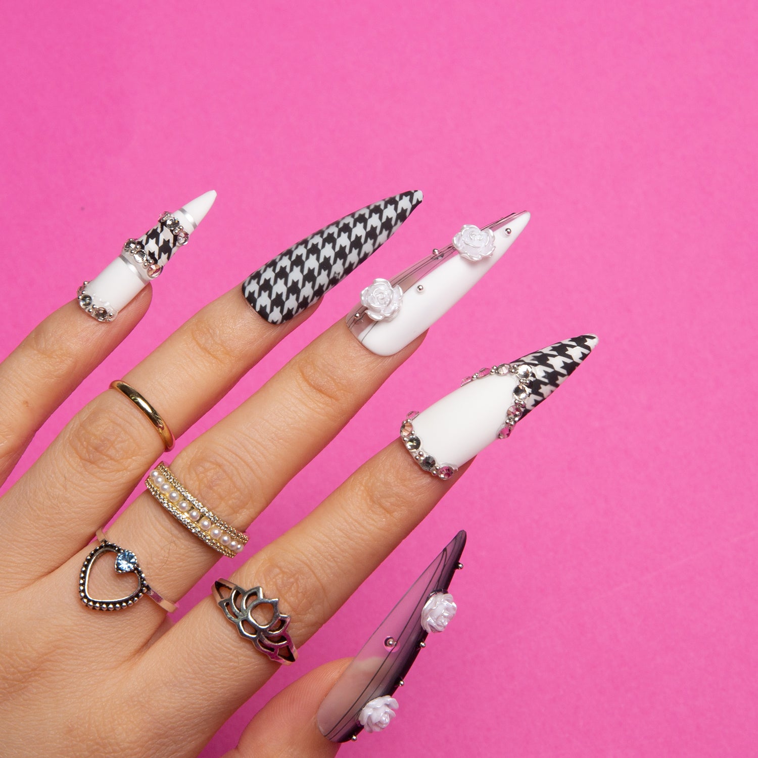 Houndstooth Handmade Stiletto Nails H30