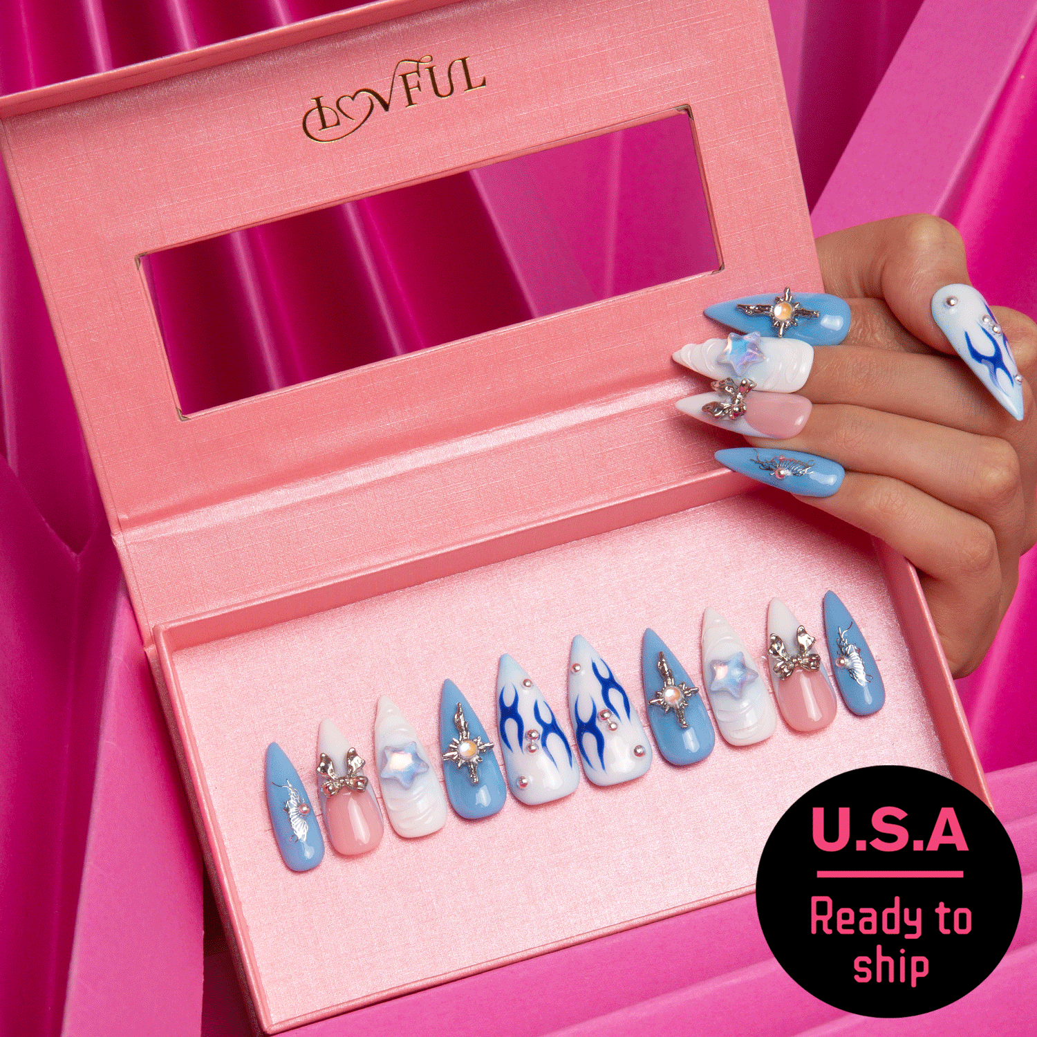 Frozen Handmade Stiletto Nails H319 RTS