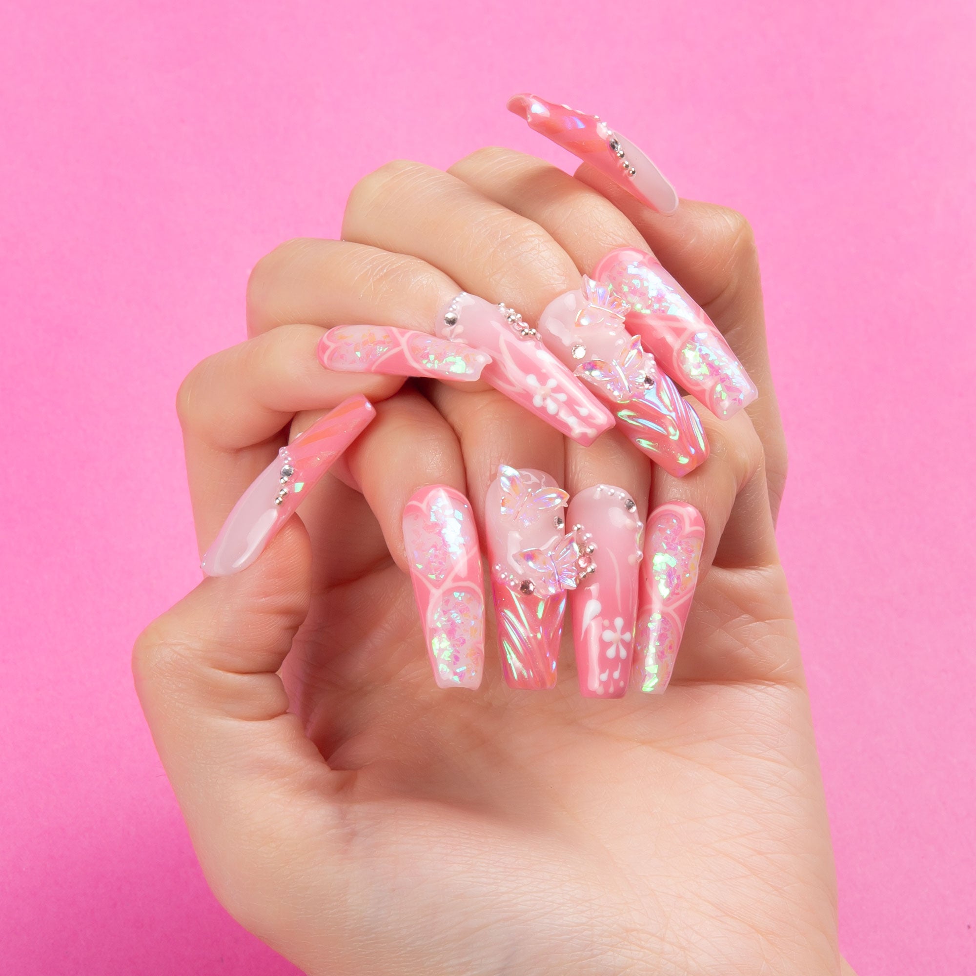 Pink Fantasy Handmade Coffin Nails H327