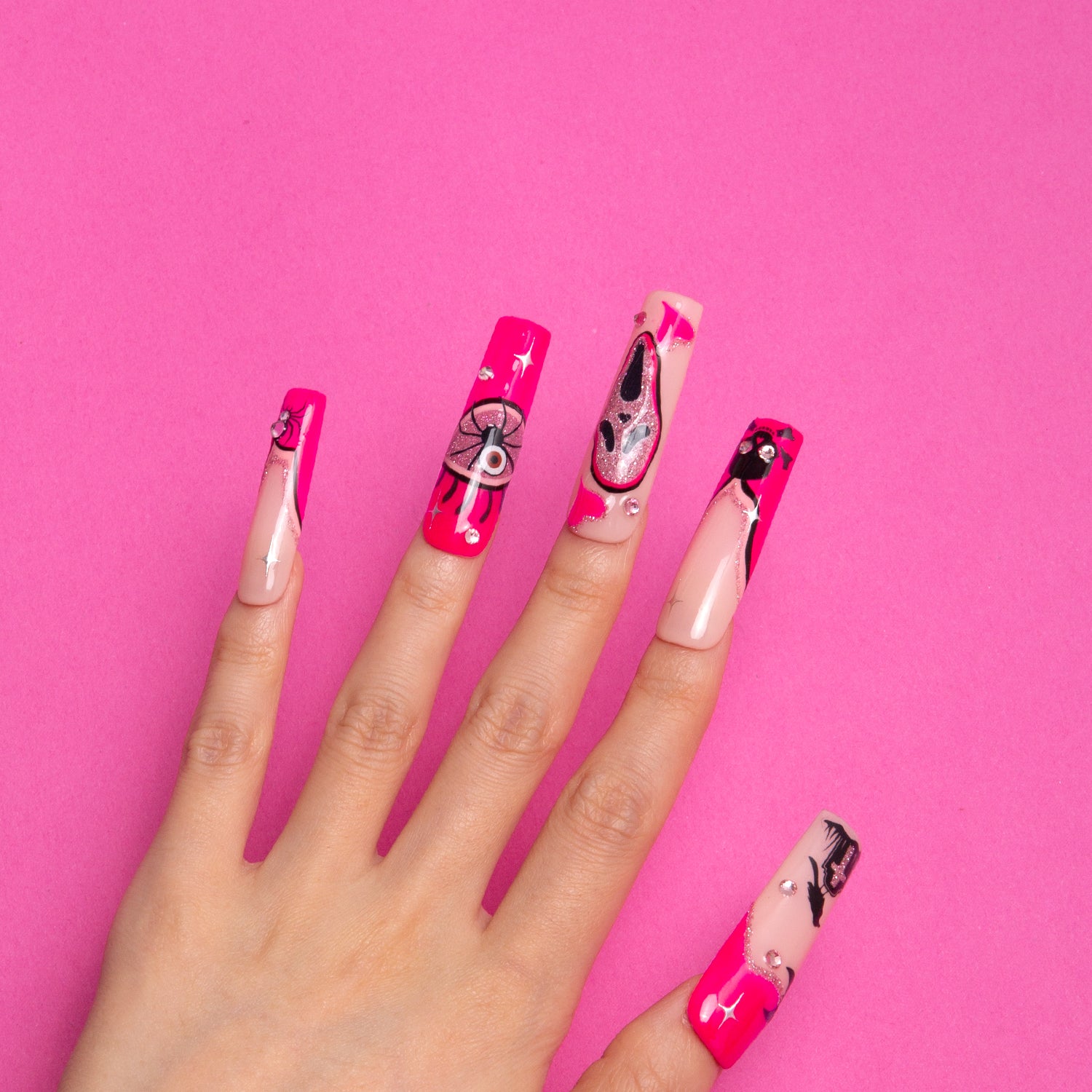 Pink Scream Handmade Square Nails GLOW IN THE DARK H338