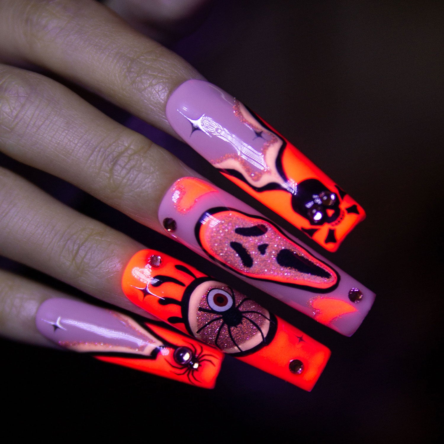 Pink Scream Handmade Square Nails GLOW IN THE DARK H338