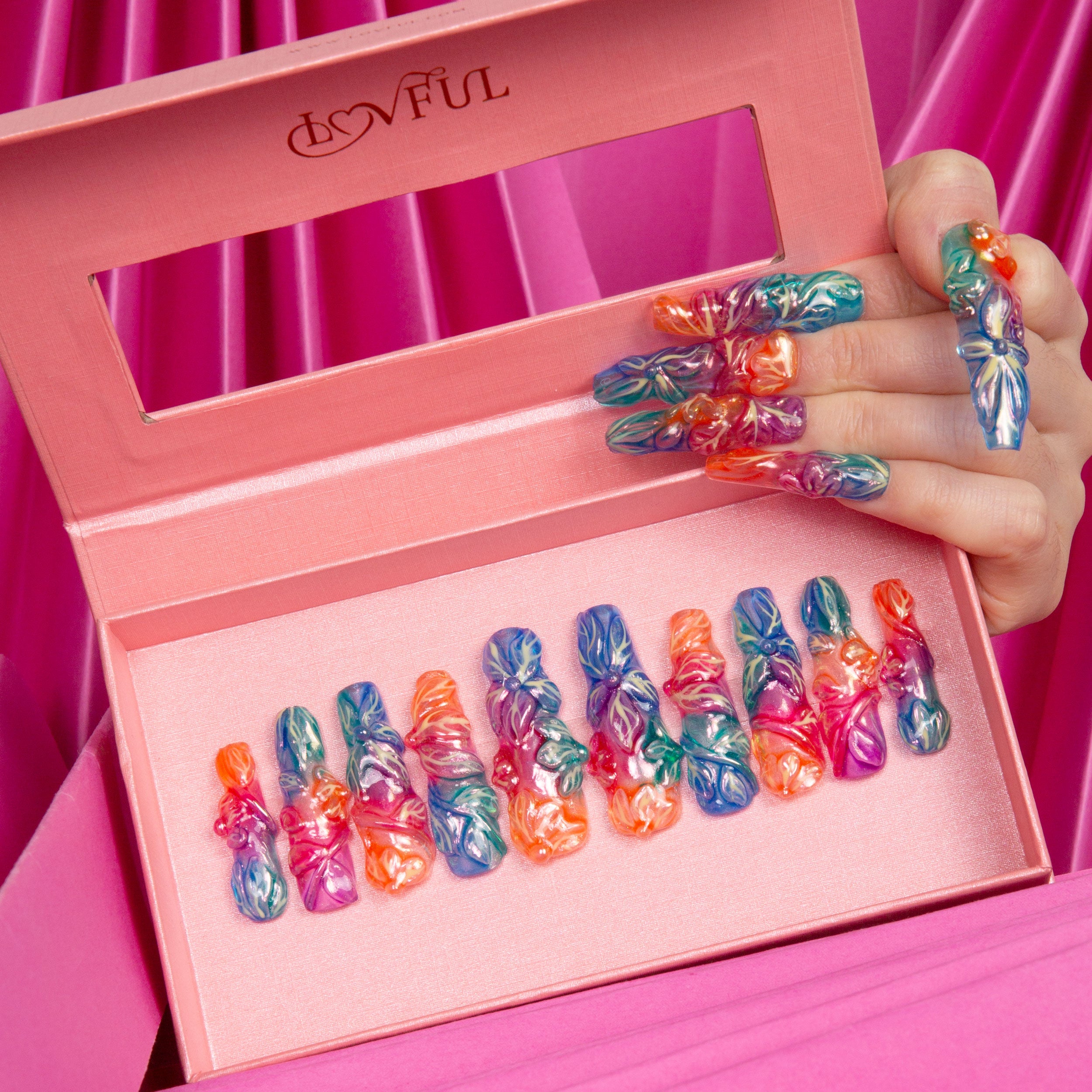 Charming Rainbow Handmade Coffin Nails H341