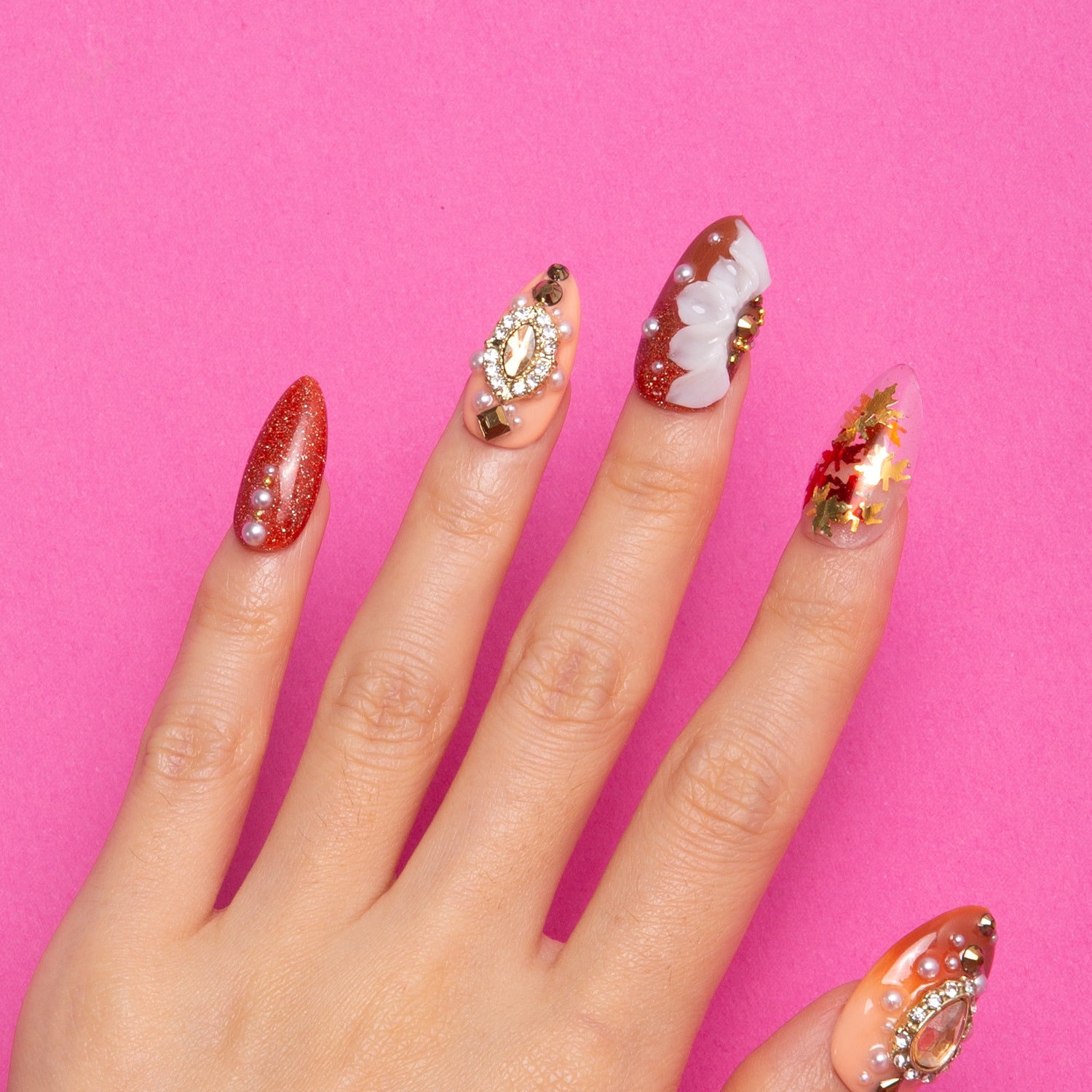 Golden Cascade Handmade Almond Nails H343