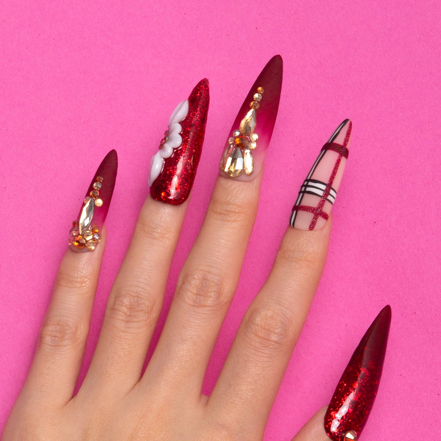 Crimson Charm Handmade Stiletto Nails H345