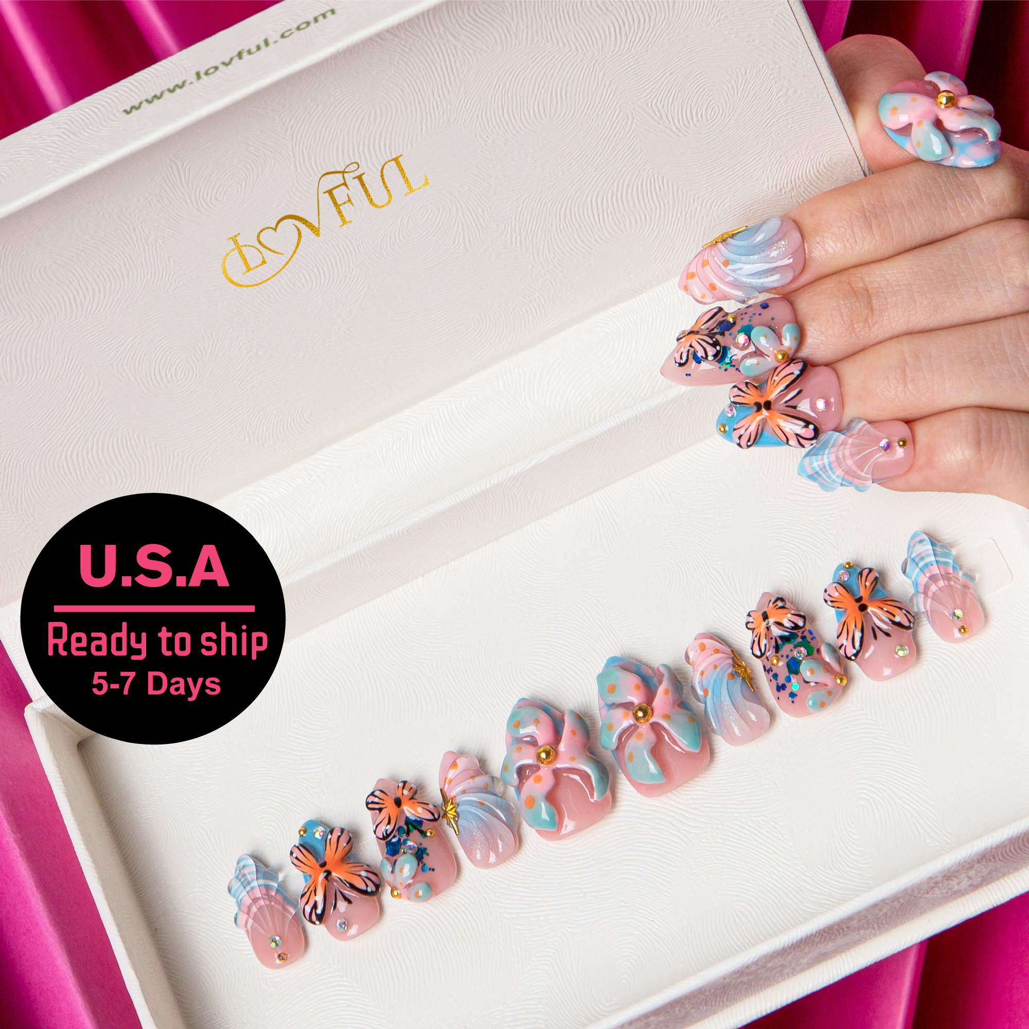 Wings of spring Handmade Almond Nails H394 RTS