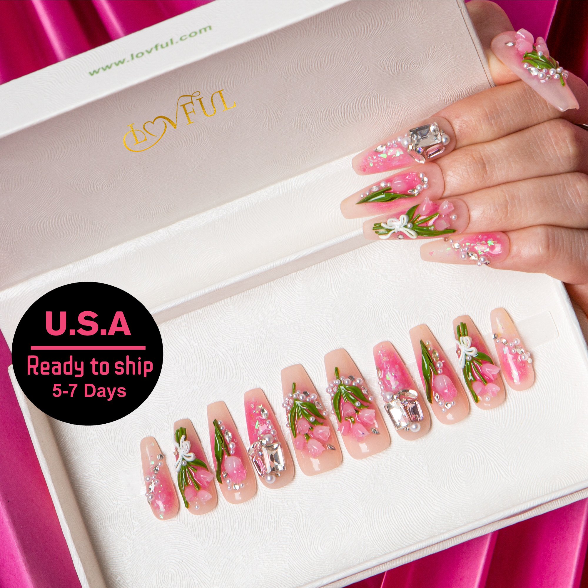 Blushing Tulips Handmade Coffin Nails H459 RTS